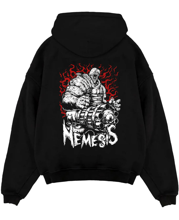 Black pullover hoodie laid flat on a white background, featuring Nemesis Resident Evil retro horror inspired graphic with bold cult classic poster style artwork.