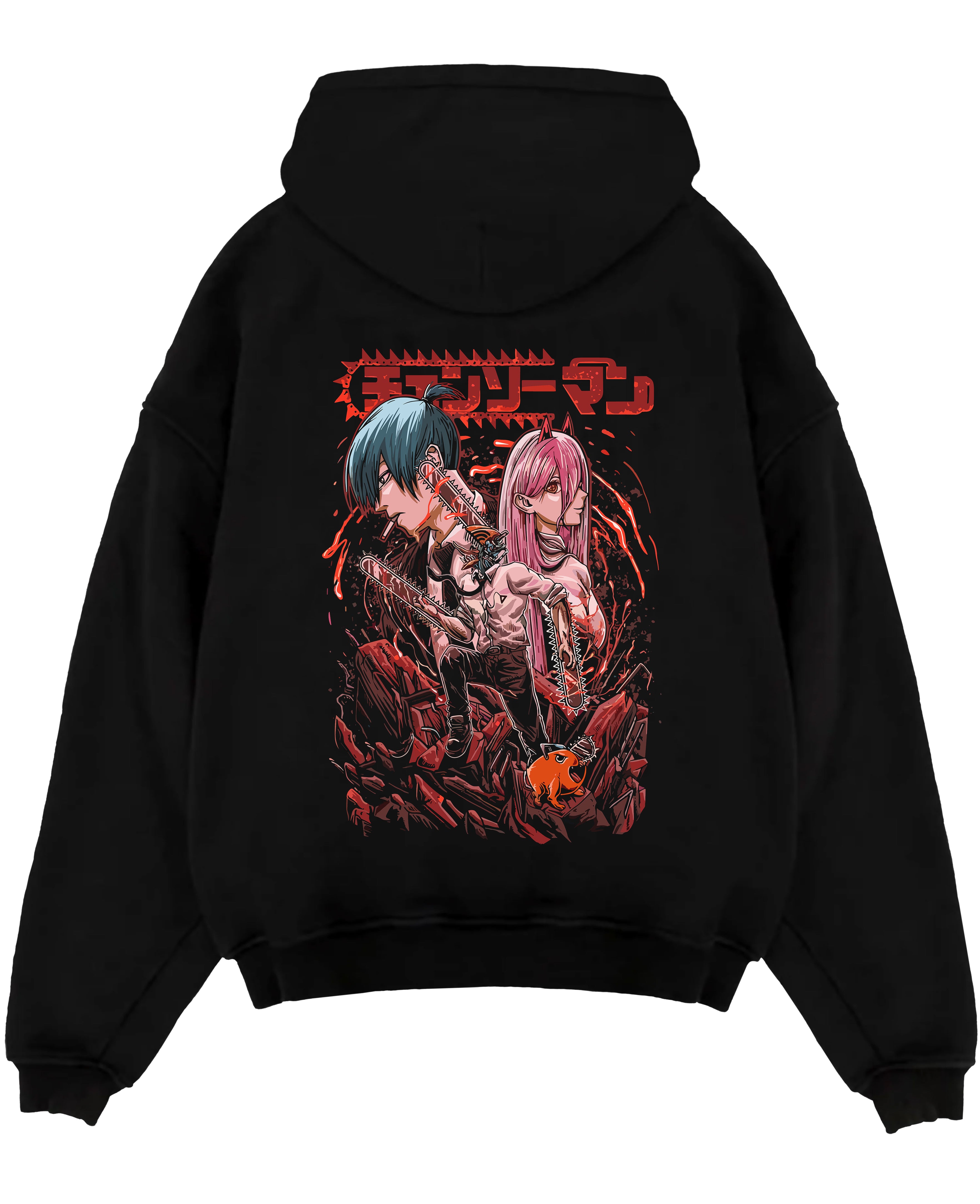 Black pullover hoodie laid flat on a white background, featuring Chainsaw Man anime poster inspired artwork with Power and Aki in dark retro manga graphic style.