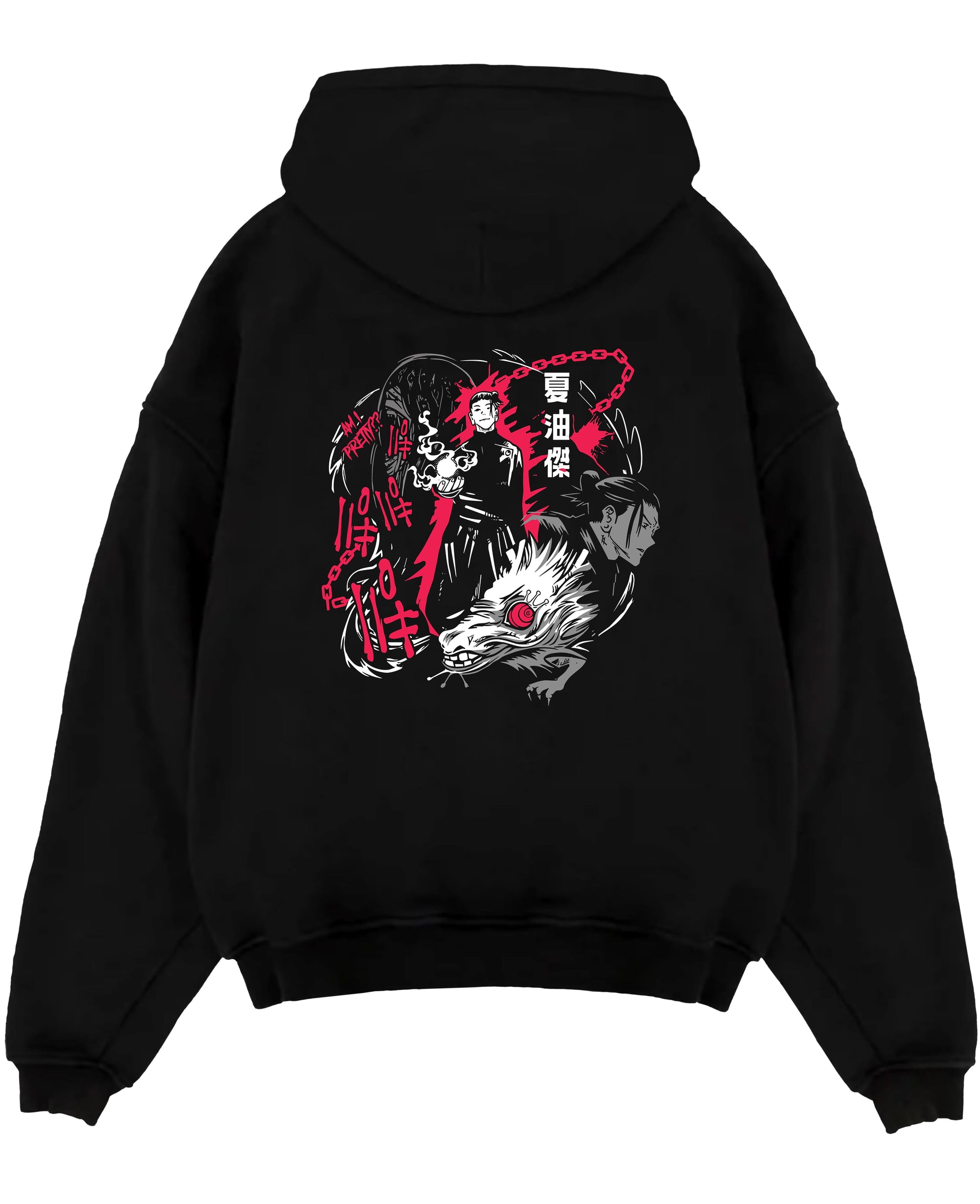 ChatGPT said:

Black pullover hoodie laid flat on a white background, featuring Jujutsu Kaisen Suguru Geto anime poster inspired design with retro manga artwork and curse spirit details.