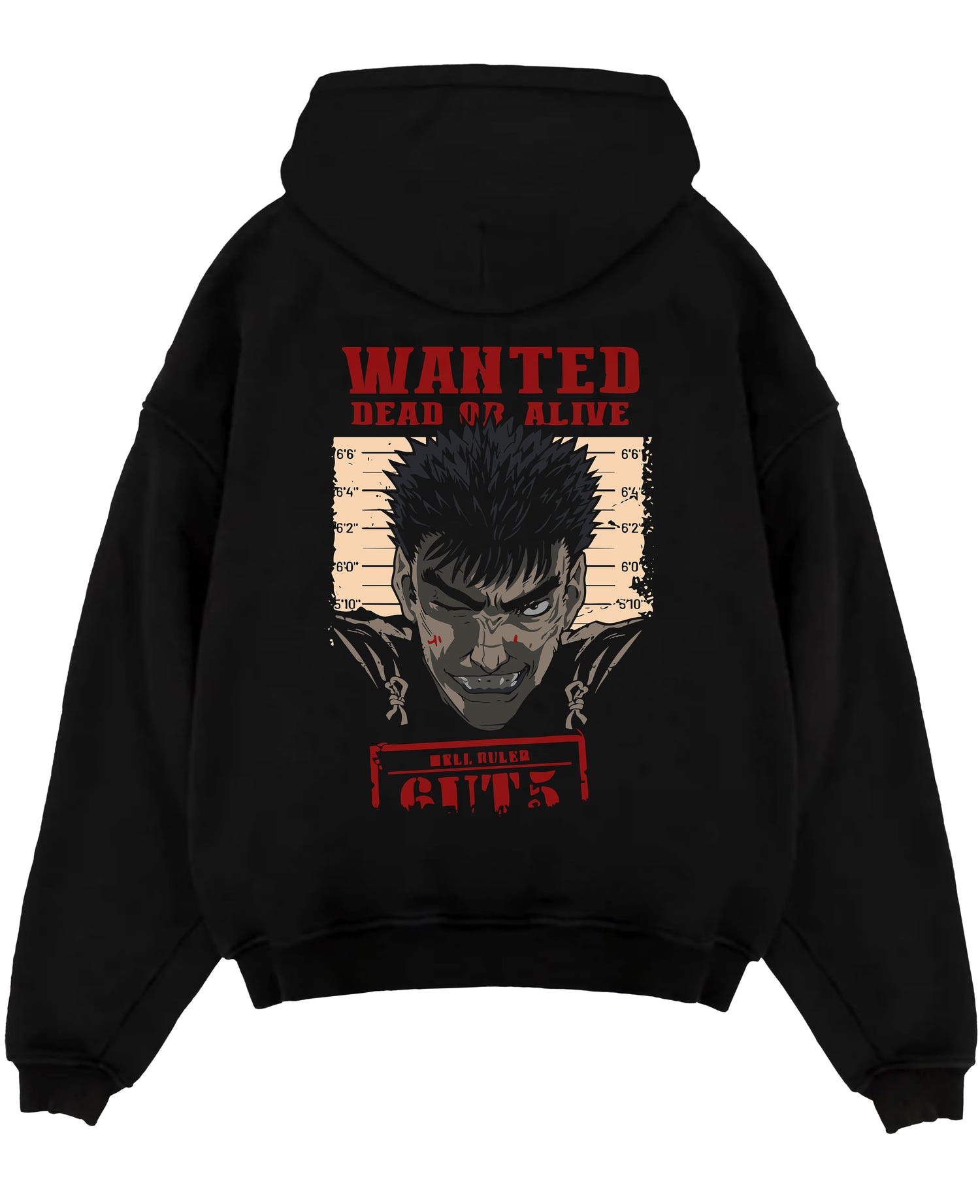 Black pullover hoodie laid flat on a white background, featuring Berserk anime poster inspired wanted design of Guts with bold red lettering and retro manga artwork.