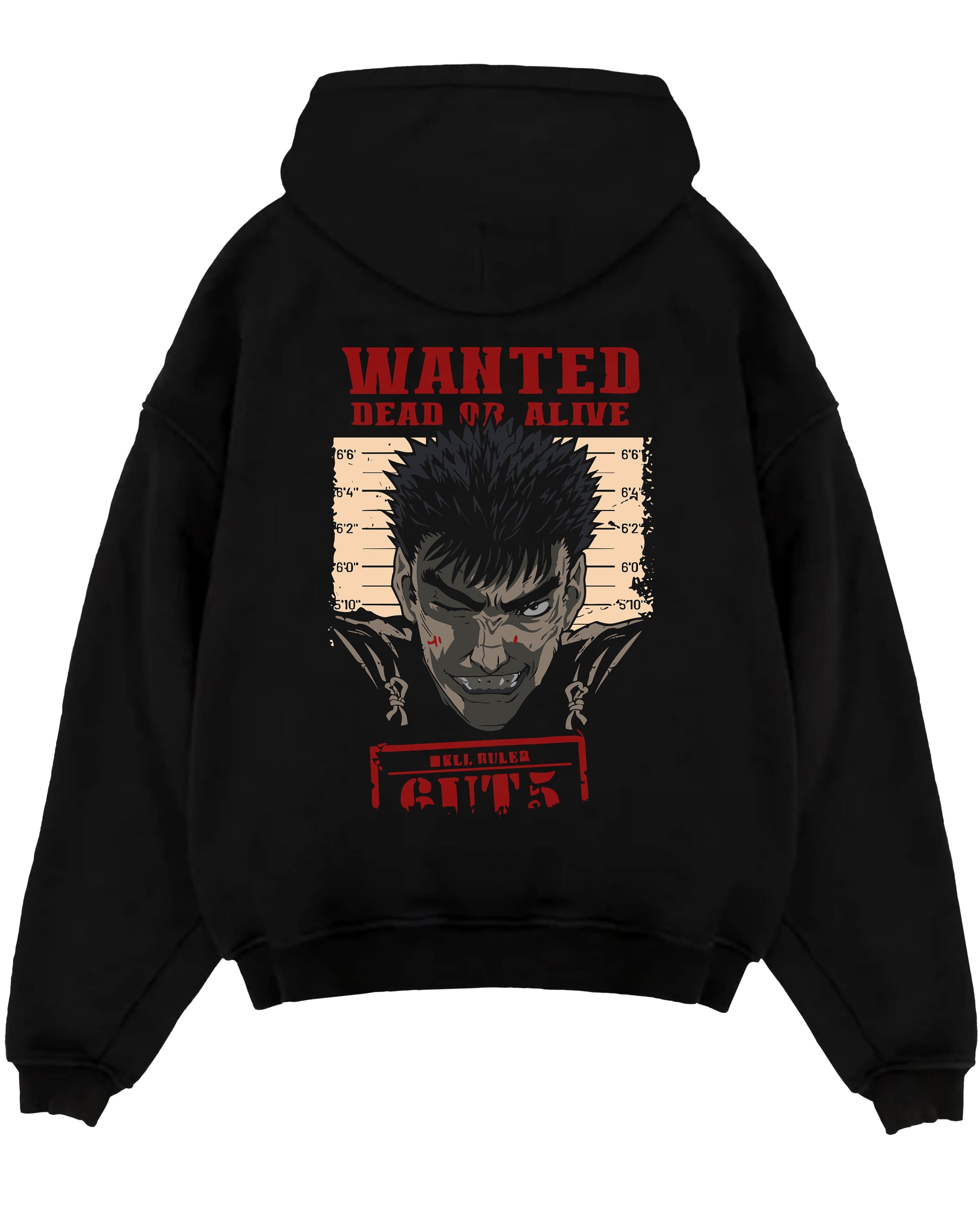 Black pullover hoodie laid flat on a white background, featuring Berserk anime poster inspired wanted design of Guts with bold red lettering and retro manga artwork.