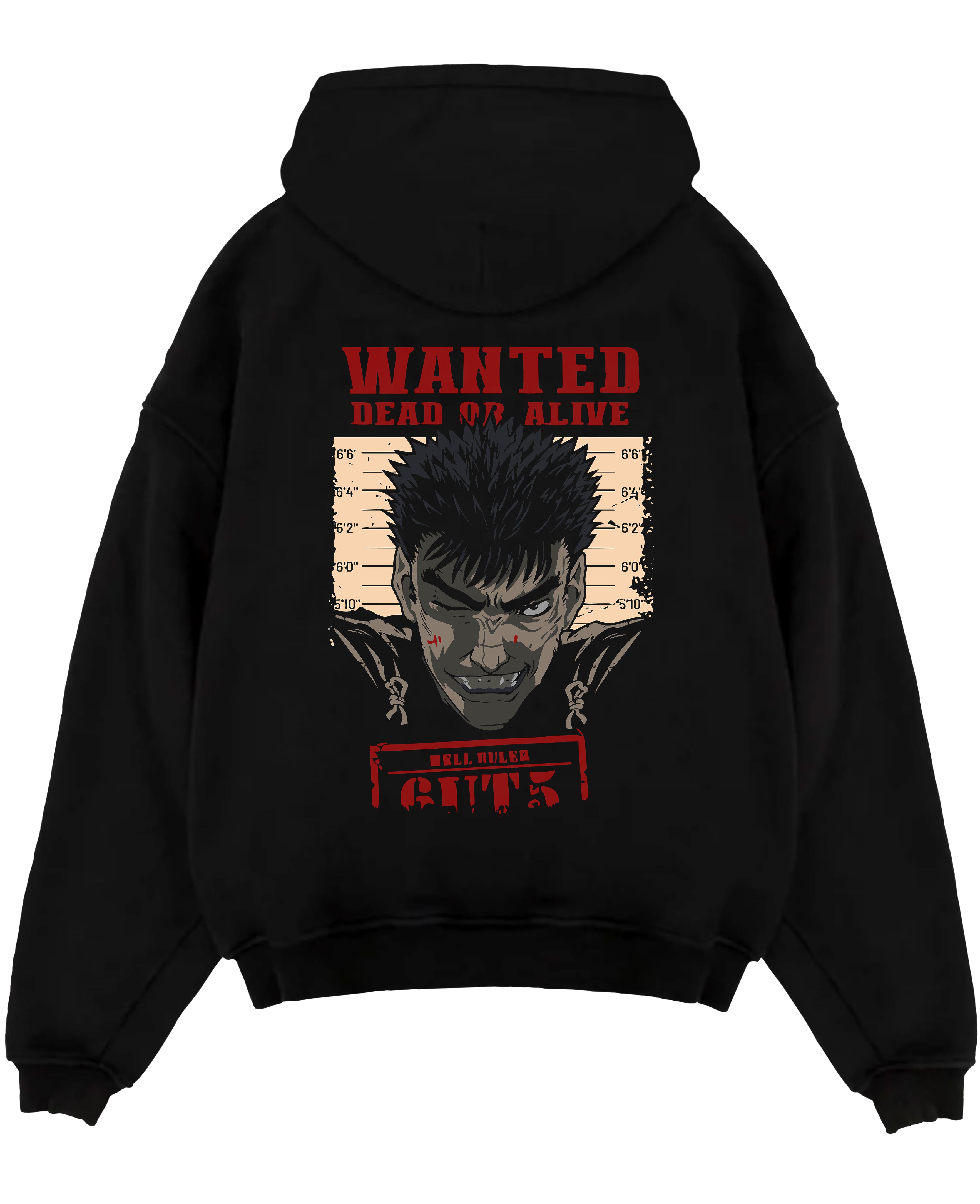 Black pullover hoodie laid flat on a white background, featuring Berserk anime poster inspired wanted design of Guts with bold red lettering and retro manga artwork.