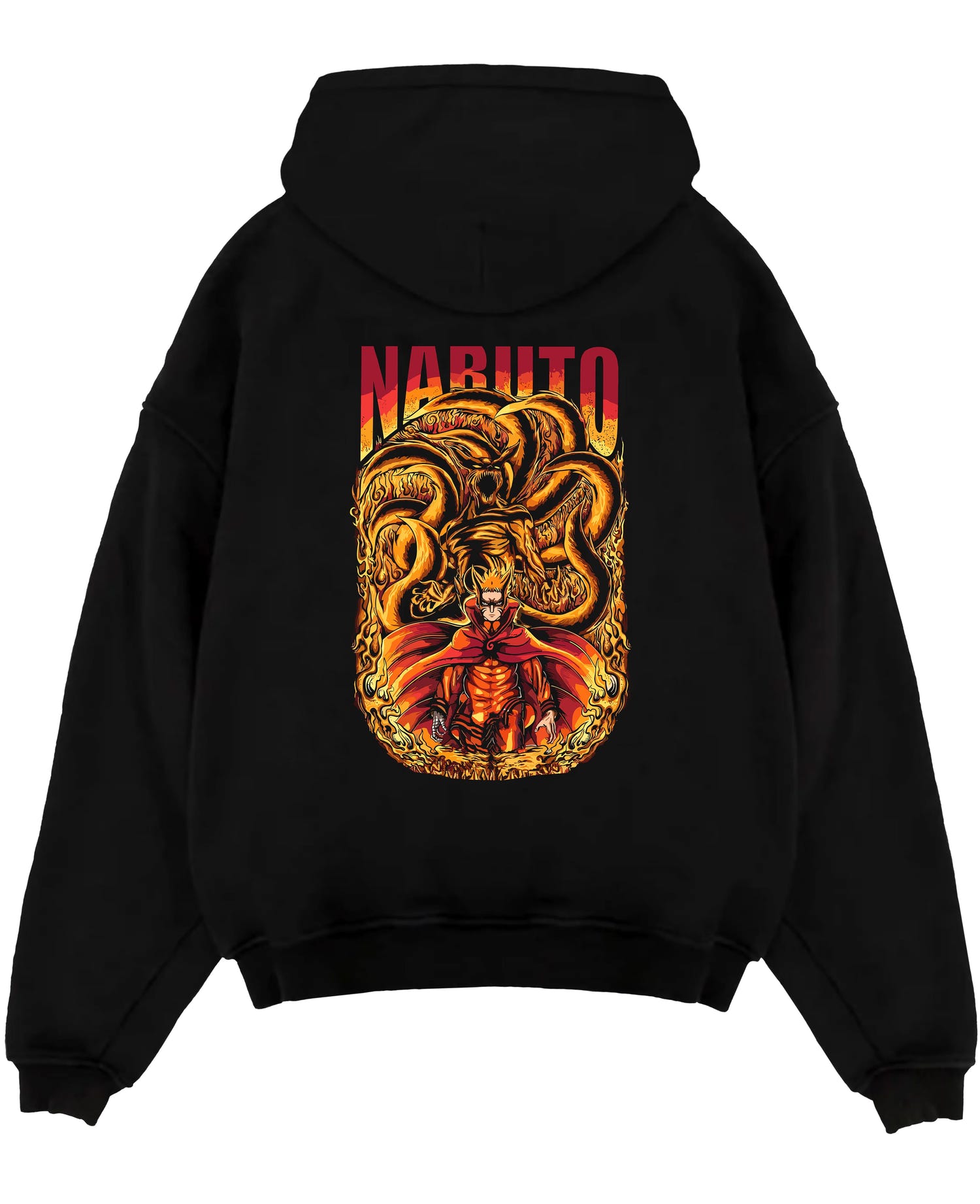 Black pullover hoodie laid flat on a white background, featuring Naruto and Kurama fiery anime poster inspired design with bold retro manga artwork.