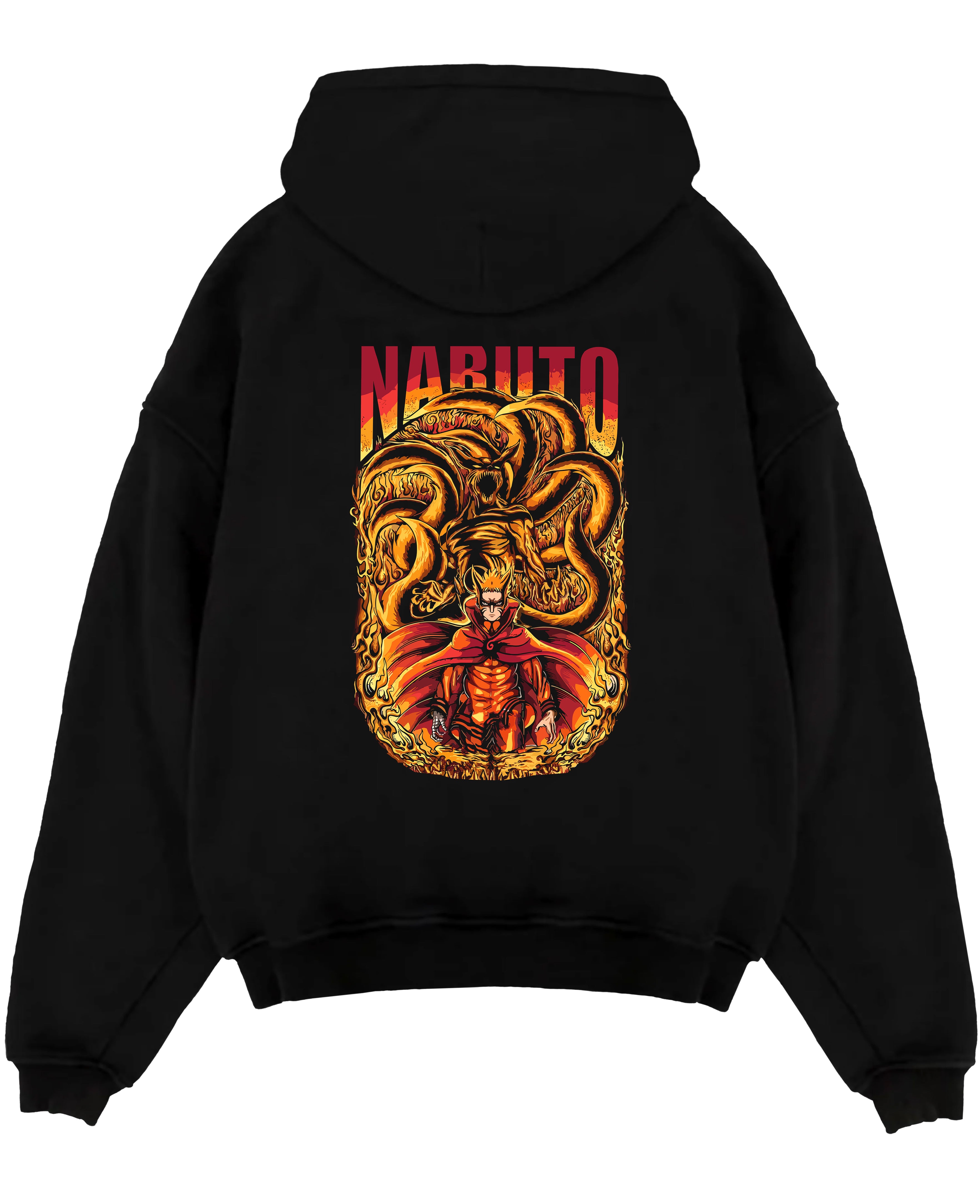 Black pullover hoodie laid flat on a white background, featuring Naruto and Kurama fiery anime poster inspired design with bold retro manga artwork.