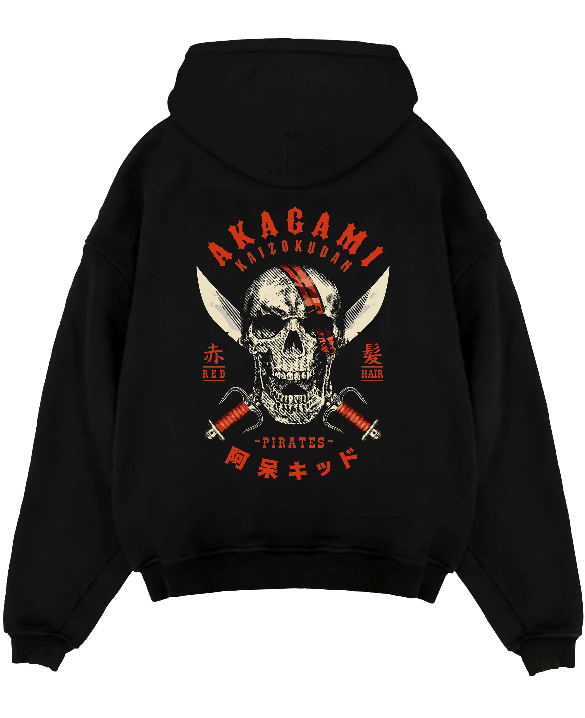 Black pullover hoodie laid flat on a white background, featuring Akagami Red Hair Pirates skull retro manga inspired artwork with crossed swords graphic.