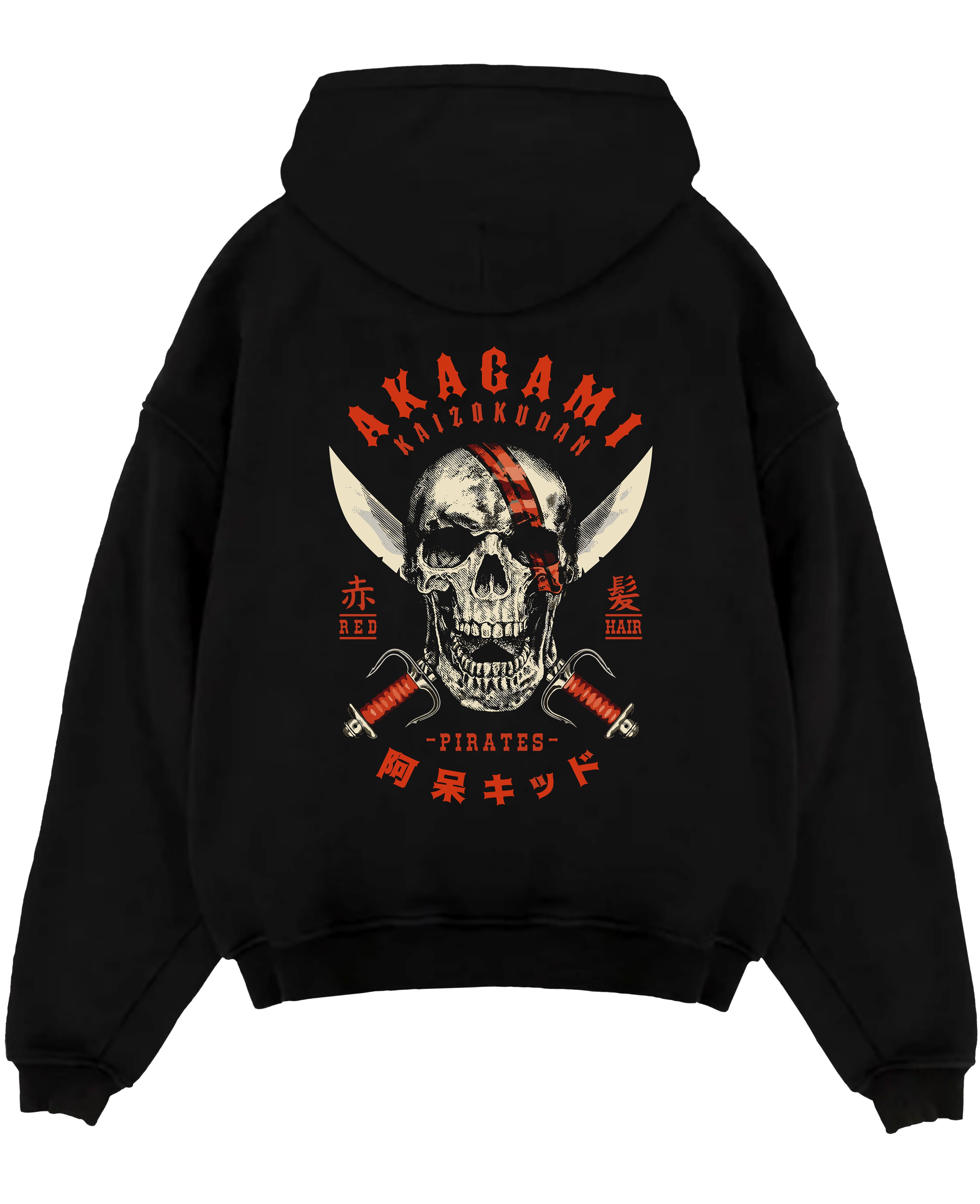 Black pullover hoodie laid flat on a white background, featuring Akagami Red Hair Pirates skull retro manga inspired artwork with crossed swords graphic.