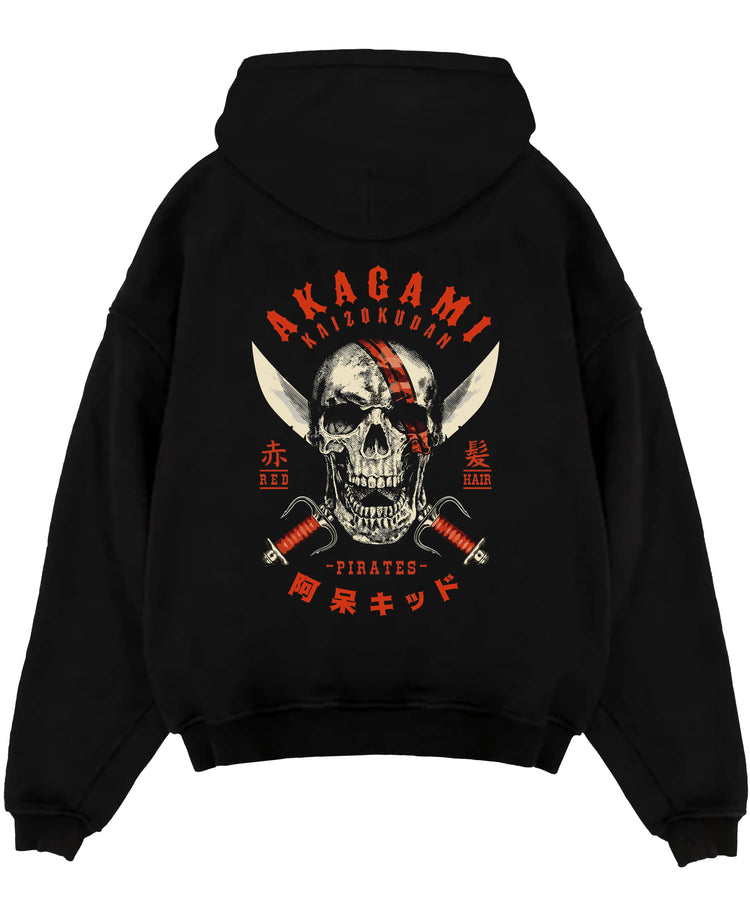 Black pullover hoodie laid flat on a white background, featuring Akagami Red Hair Pirates skull retro manga inspired artwork with crossed swords graphic.