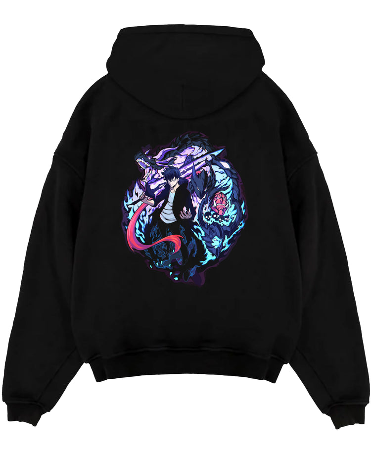 Black pullover hoodie laid flat on a white background, featuring Jinwoo Sung anime poster inspired design with sword and shadow dragon artwork.