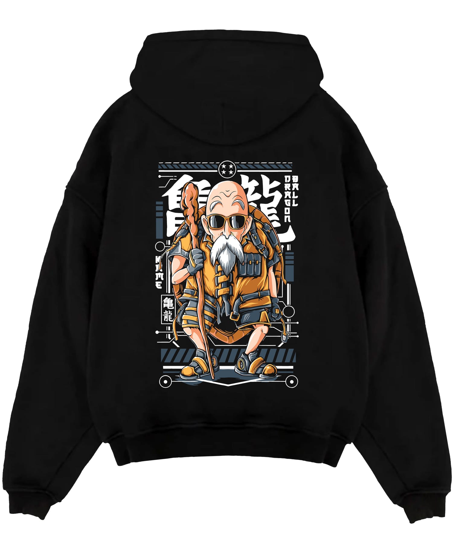 Black pullover hoodie laid flat on a white background, featuring Dragon Ball Master Roshi anime poster inspired artwork with retro Japanese manga streetwear design.