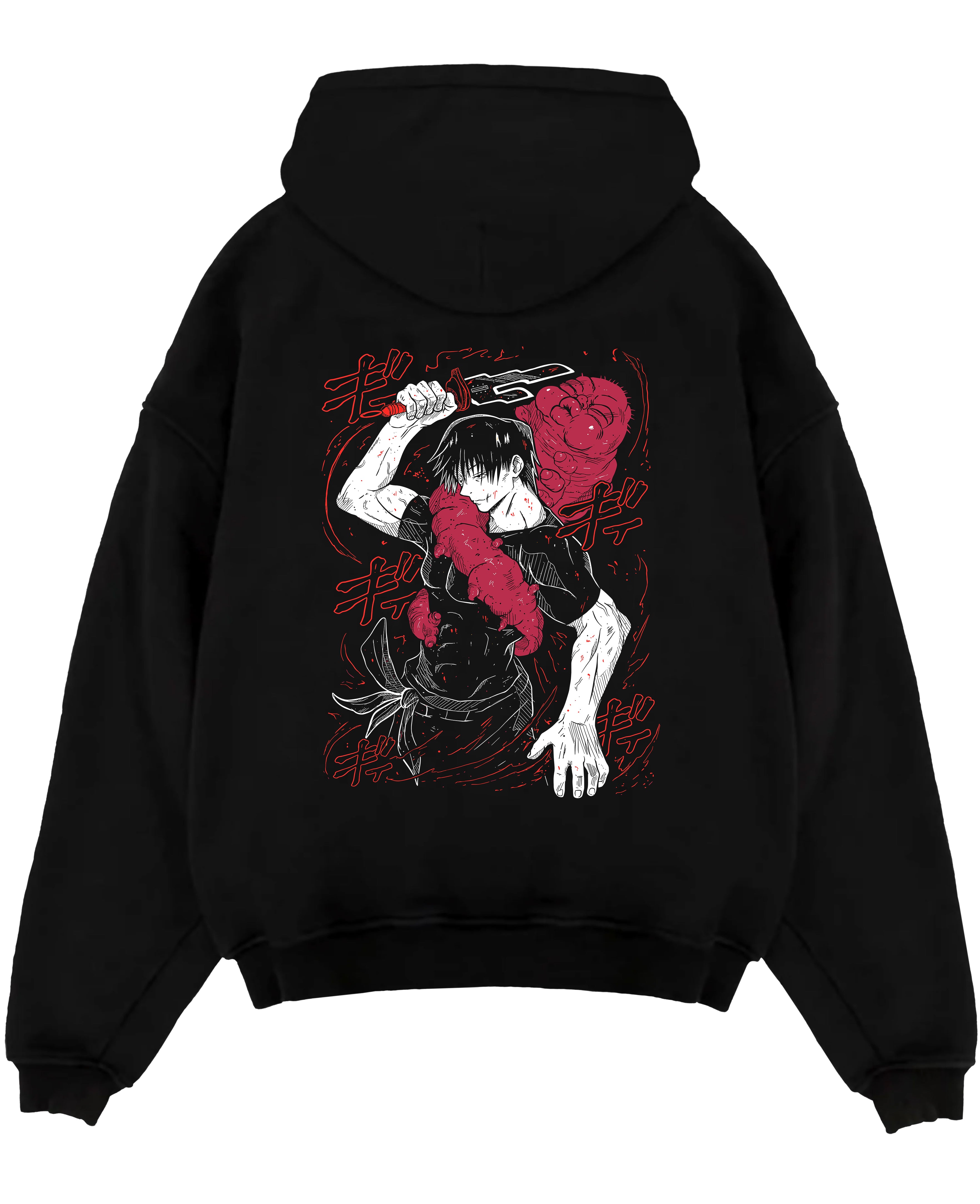 Black pullover hoodie laid flat on a white background, featuring Jujutsu Kaisen Yuta Okkotsu anime poster inspired design with cursed sword and dark manga panel style.