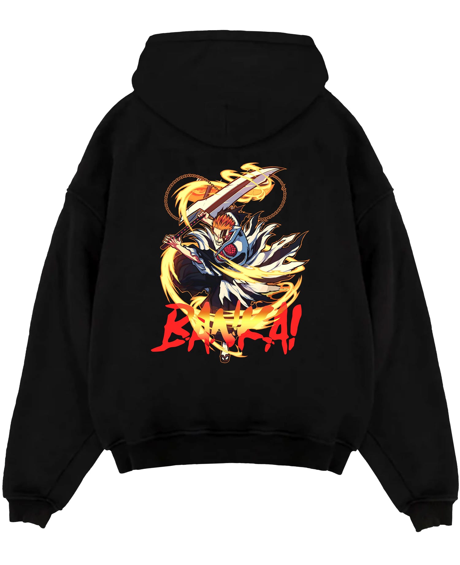Black pullover hoodie laid flat on a white background, featuring Bleach Ichigo Bankai shonen battle anime poster inspired design with fiery retro manga artwork.