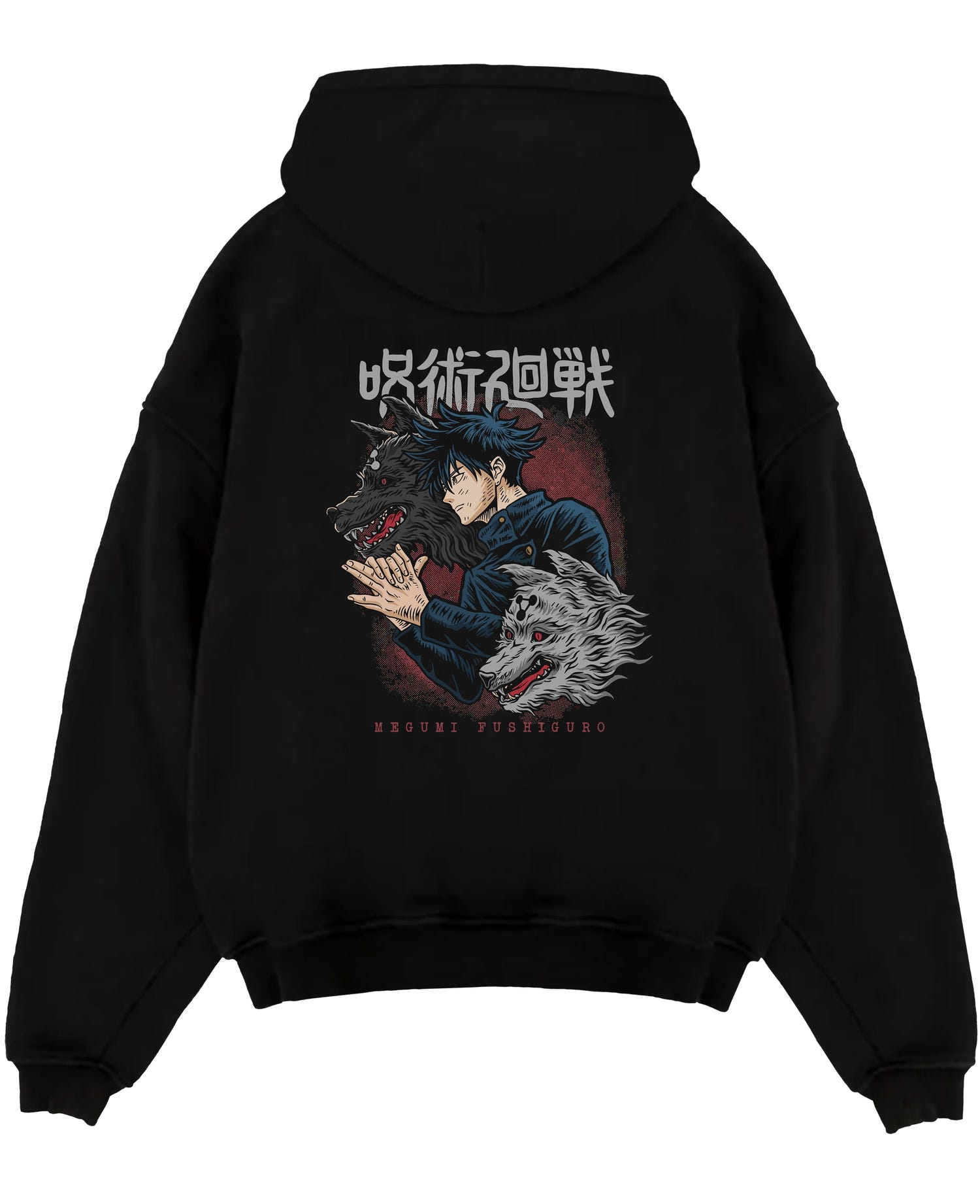 Black pullover hoodie laid flat on white, featuring Jujutsu Kaisen Megumi Fushiguro with Divine Dogs retro manga artwork.