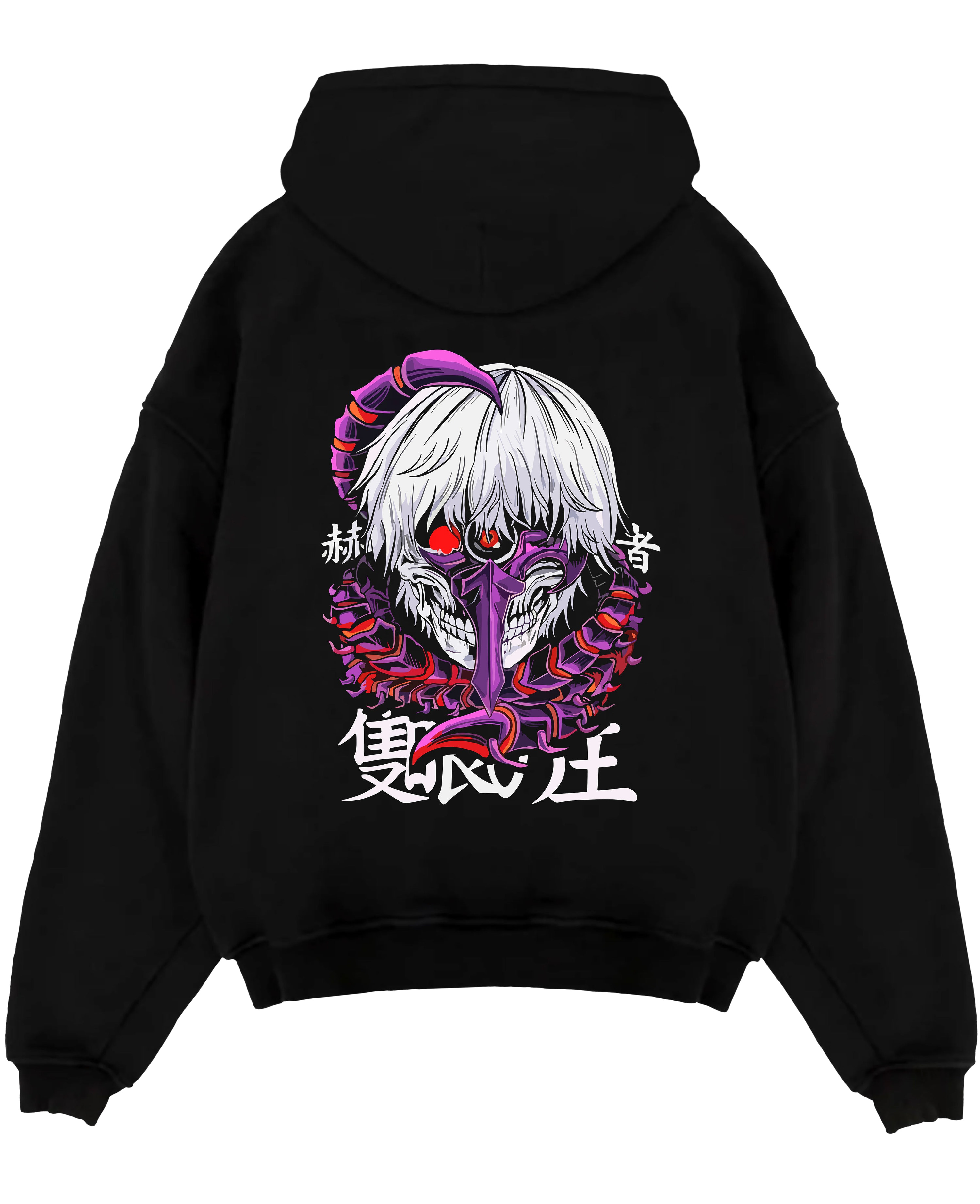Black pullover hoodie laid flat on a white background, featuring Tokyo Ghoul Kaneki Ken dark manga panel inspired artwork with purple centipede mask and striking red eye.