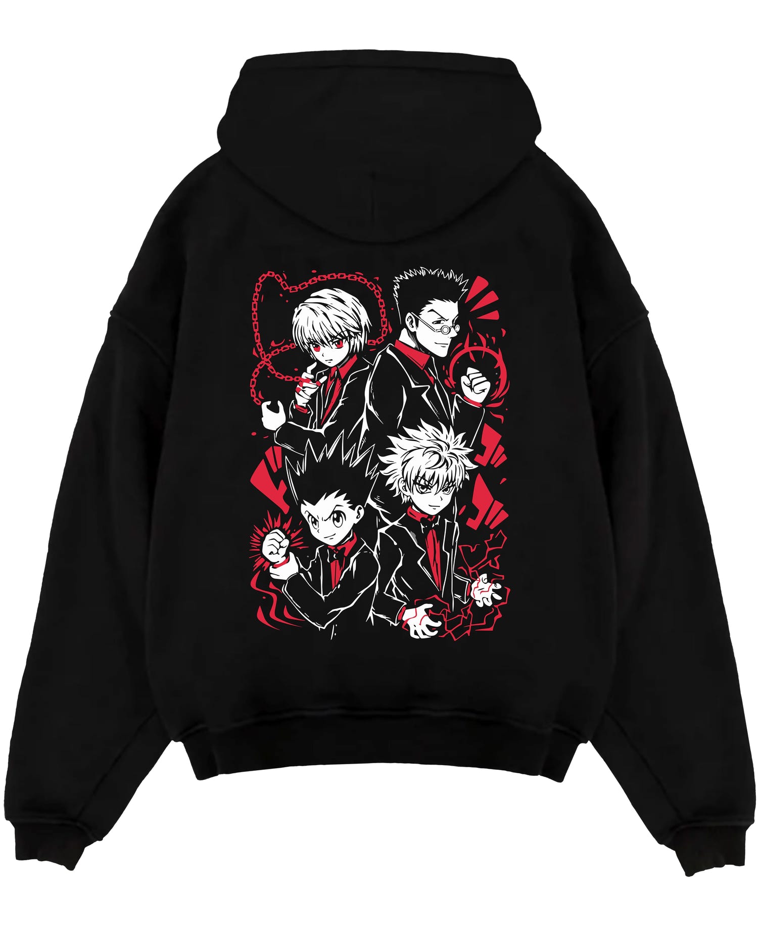 Black pullover hoodie laid flat on a white background, featuring Hunter x Hunter anime poster inspired design with Gon, Killua, Kurapika, and Leorio in bold red manga style.