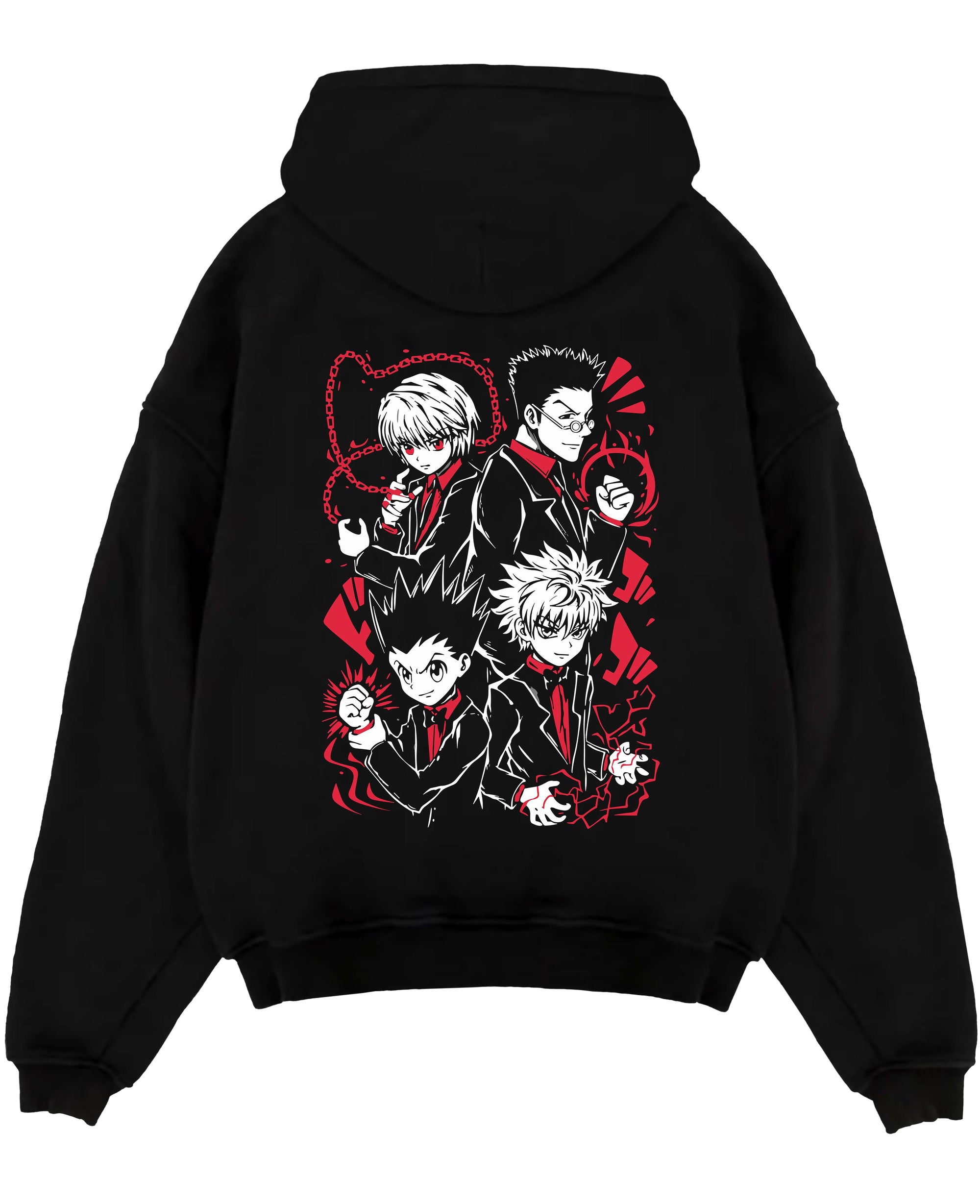 Black pullover hoodie laid flat on a white background, featuring Hunter x Hunter anime poster inspired design with Gon, Killua, Kurapika, and Leorio in bold red manga style.