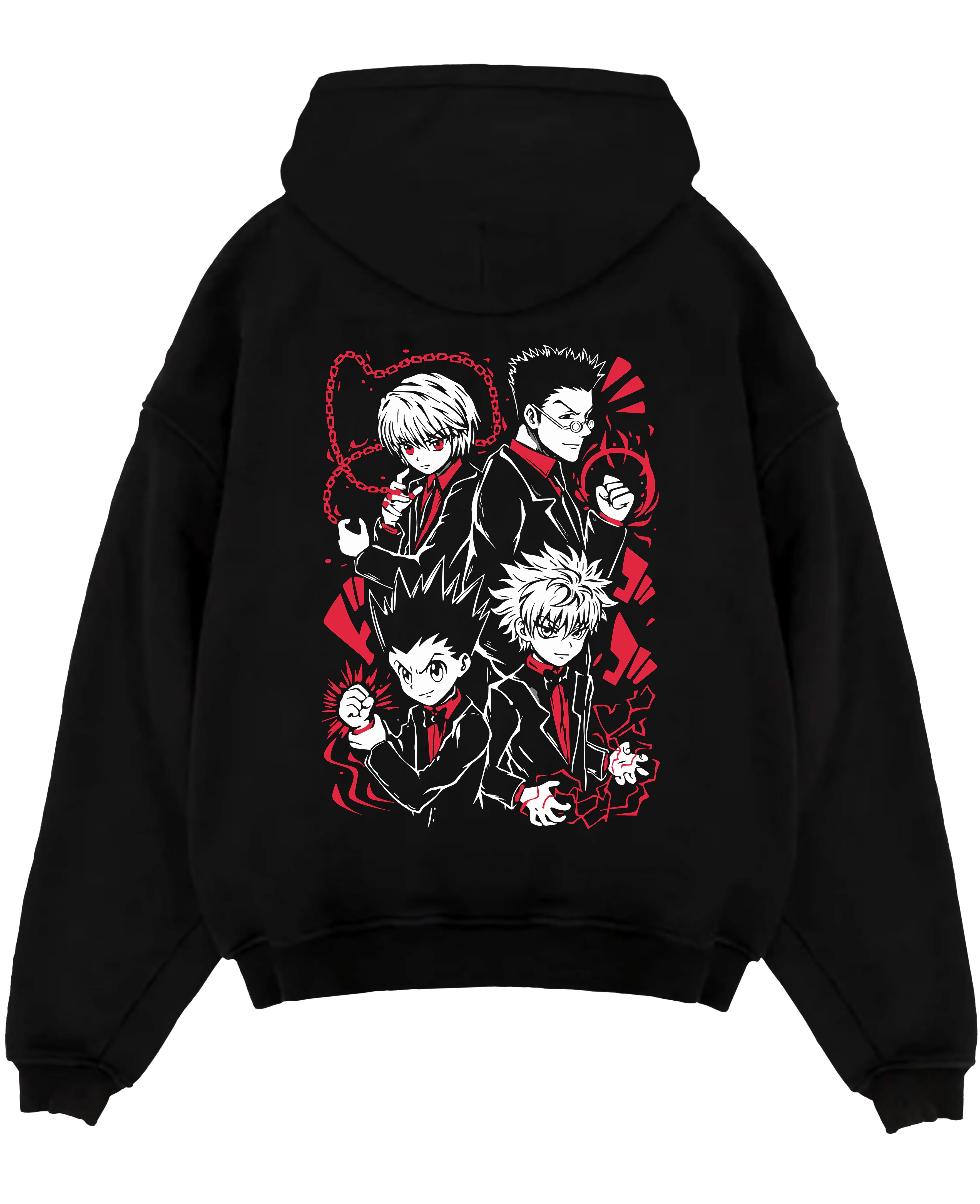 Black pullover hoodie laid flat on a white background, featuring Hunter x Hunter anime poster inspired design with Gon, Killua, Kurapika, and Leorio in bold red manga style.