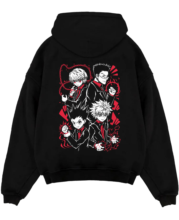 Black pullover hoodie laid flat on a white background, featuring Hunter x Hunter anime poster inspired design with Gon, Killua, Kurapika, and Leorio in bold red manga style.