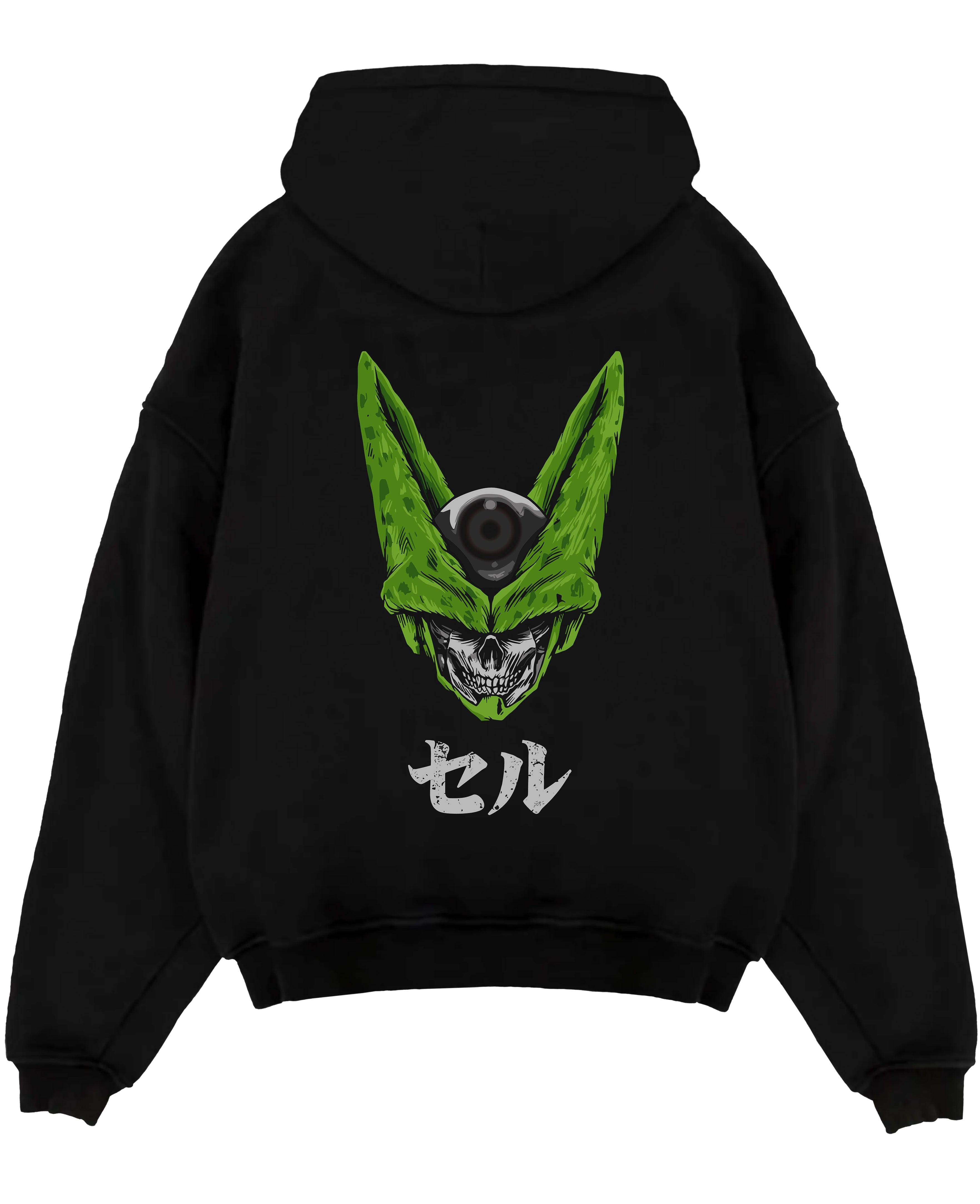 Black pullover hoodie laid flat on white, featuring Dragon Ball Cell skull fusion anime poster inspired design with retro manga graphic style.