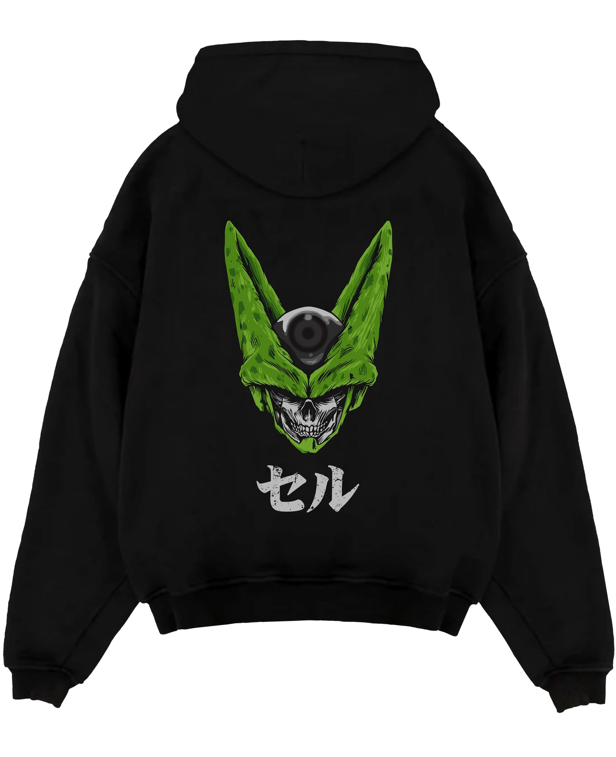 Black pullover hoodie laid flat on white, featuring Dragon Ball Cell skull fusion anime poster inspired design with retro manga graphic style.