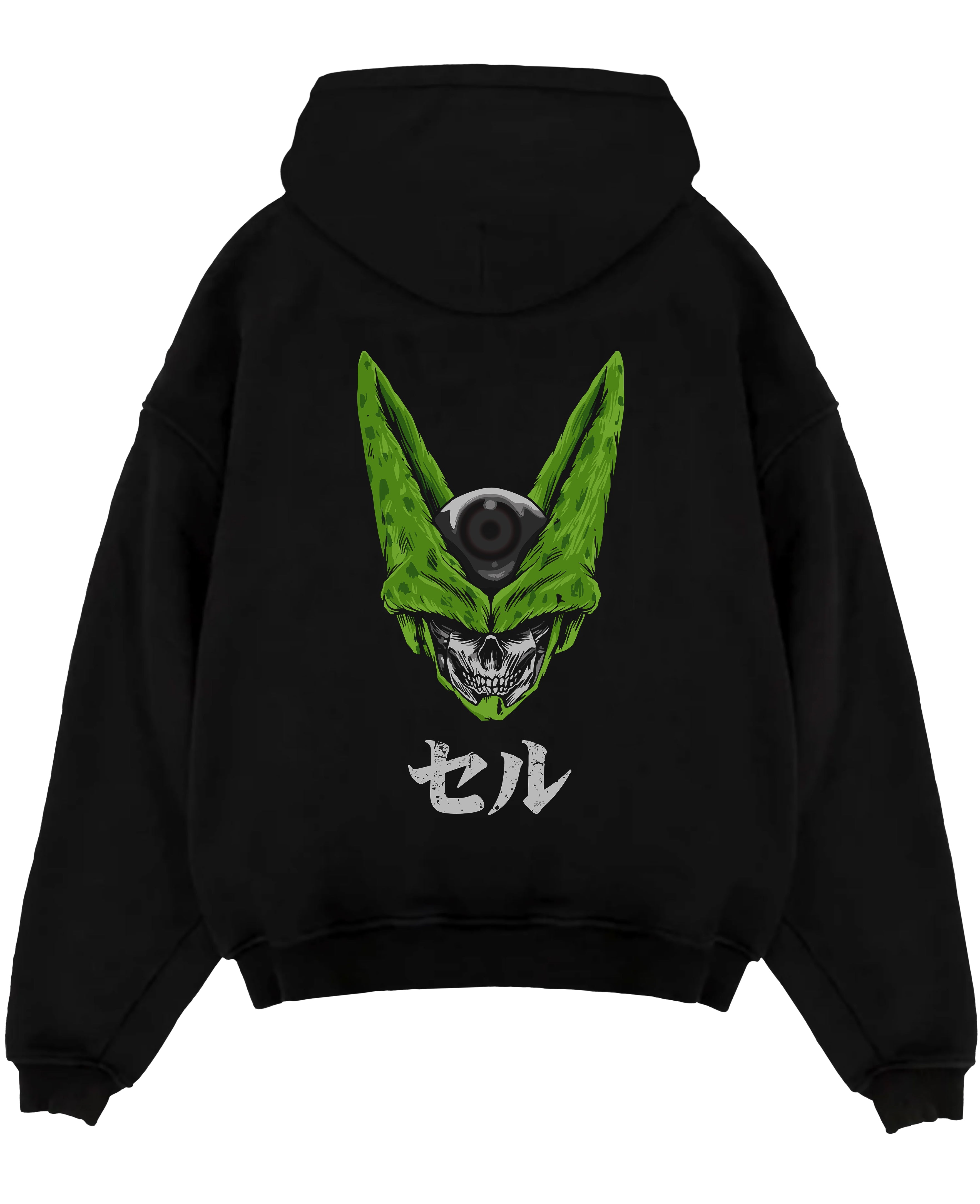 Black pullover hoodie laid flat on white, featuring Dragon Ball Cell skull fusion anime poster inspired design with retro manga graphic style.