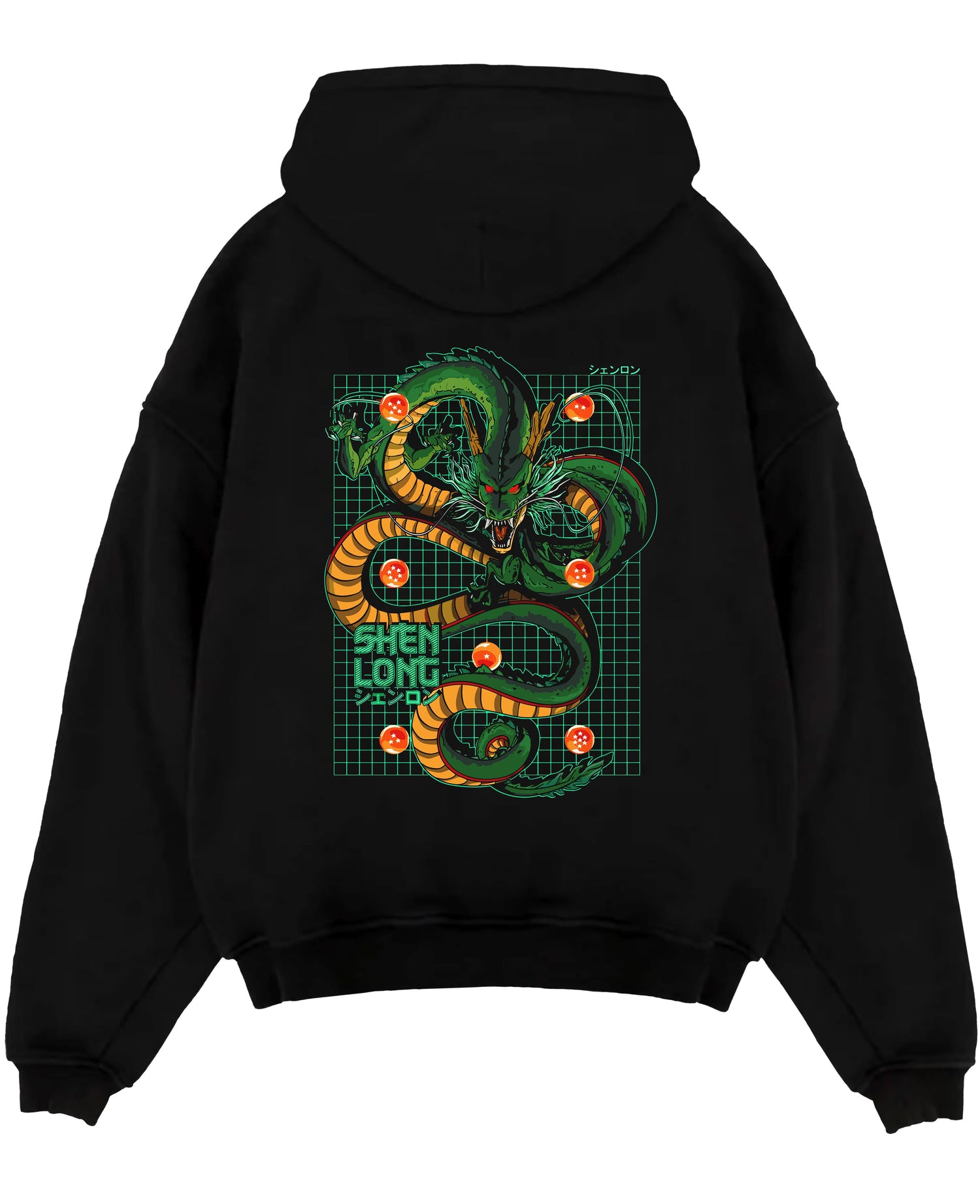 Black pullover hoodie laid flat on a white background, featuring Shenron anime poster inspired design with retro manga dragon artwork and glowing Dragon Balls.