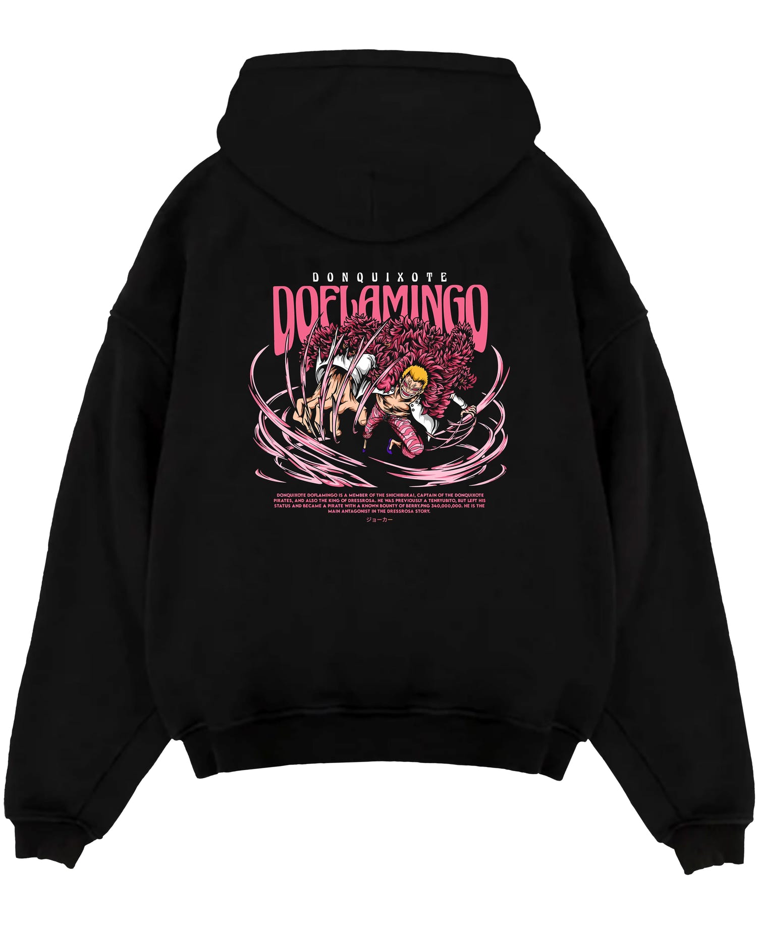 Black pullover hoodie laid flat on a white background, featuring One Piece Doflamingo anime poster inspired design with pink feather coat and retro manga battle style.