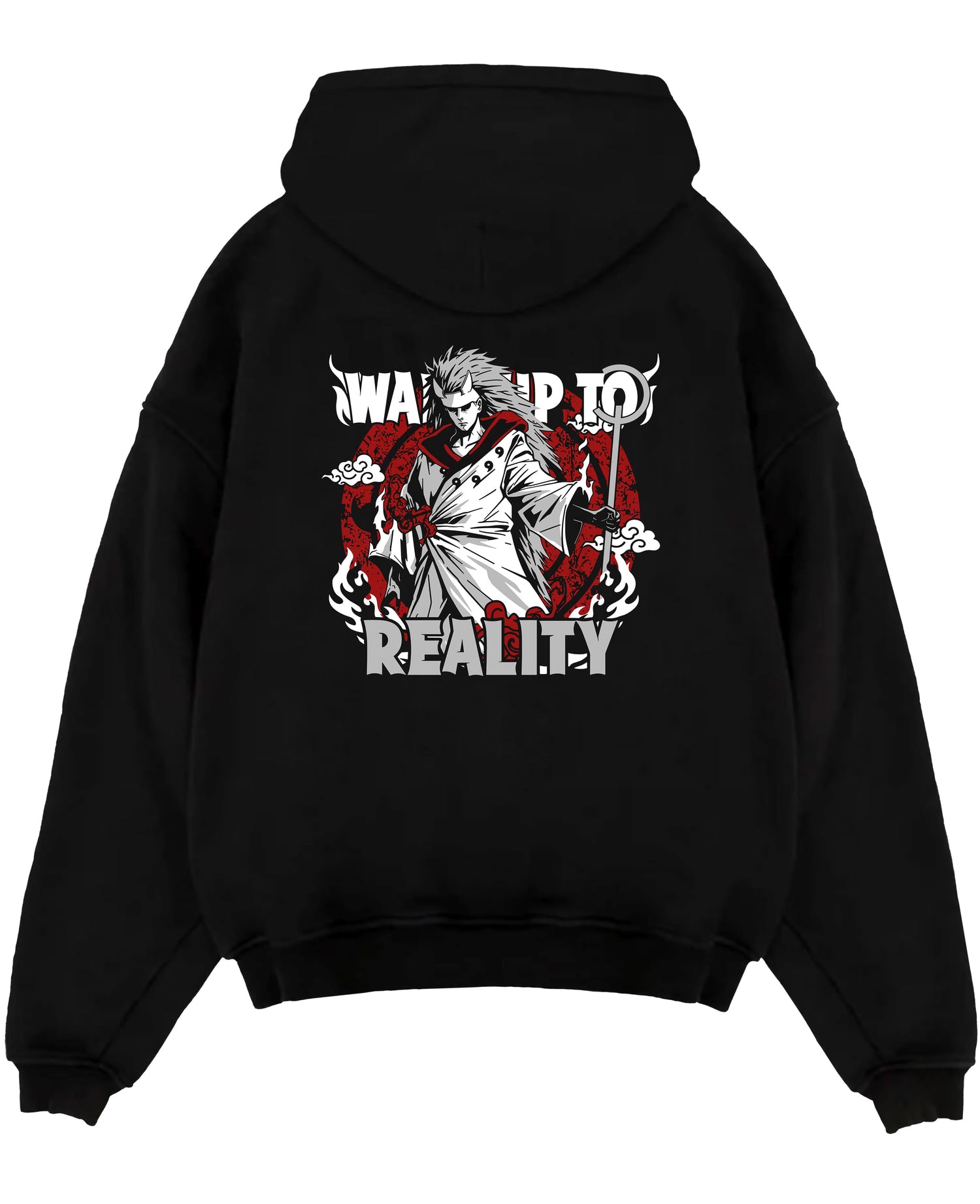 Black pullover hoodie laid flat on a white background, featuring Naruto Madara Uchiha anime poster inspired design with bold red circle and dark manga panel style.
