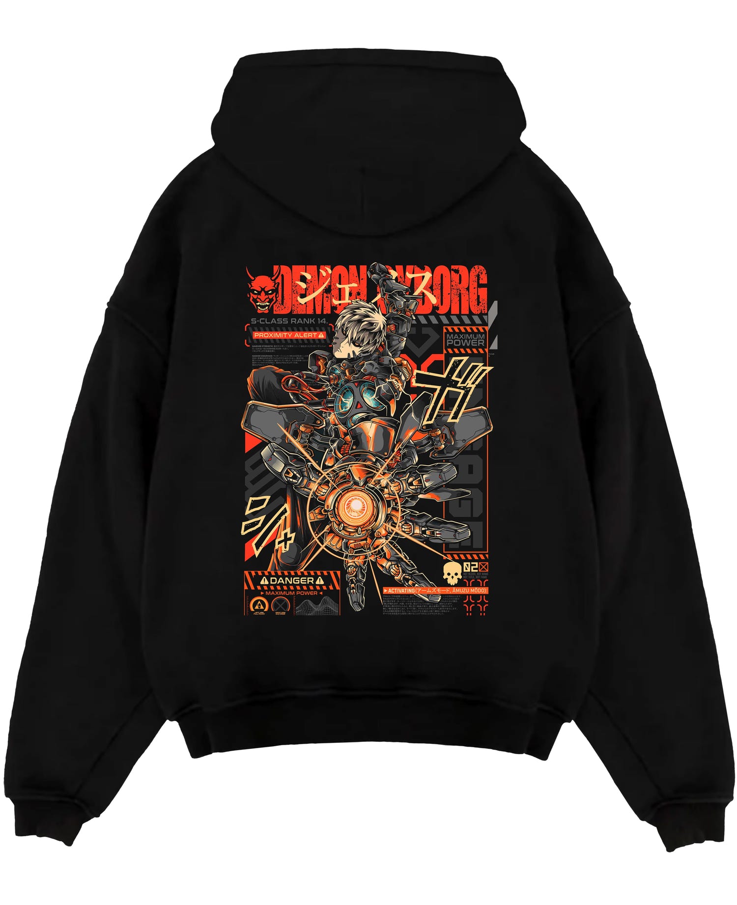 Black pullover hoodie laid flat on a white background, featuring One Punch Man Genos cyberpunk anime aesthetic artwork with retro mecha inspired design in bold detail.