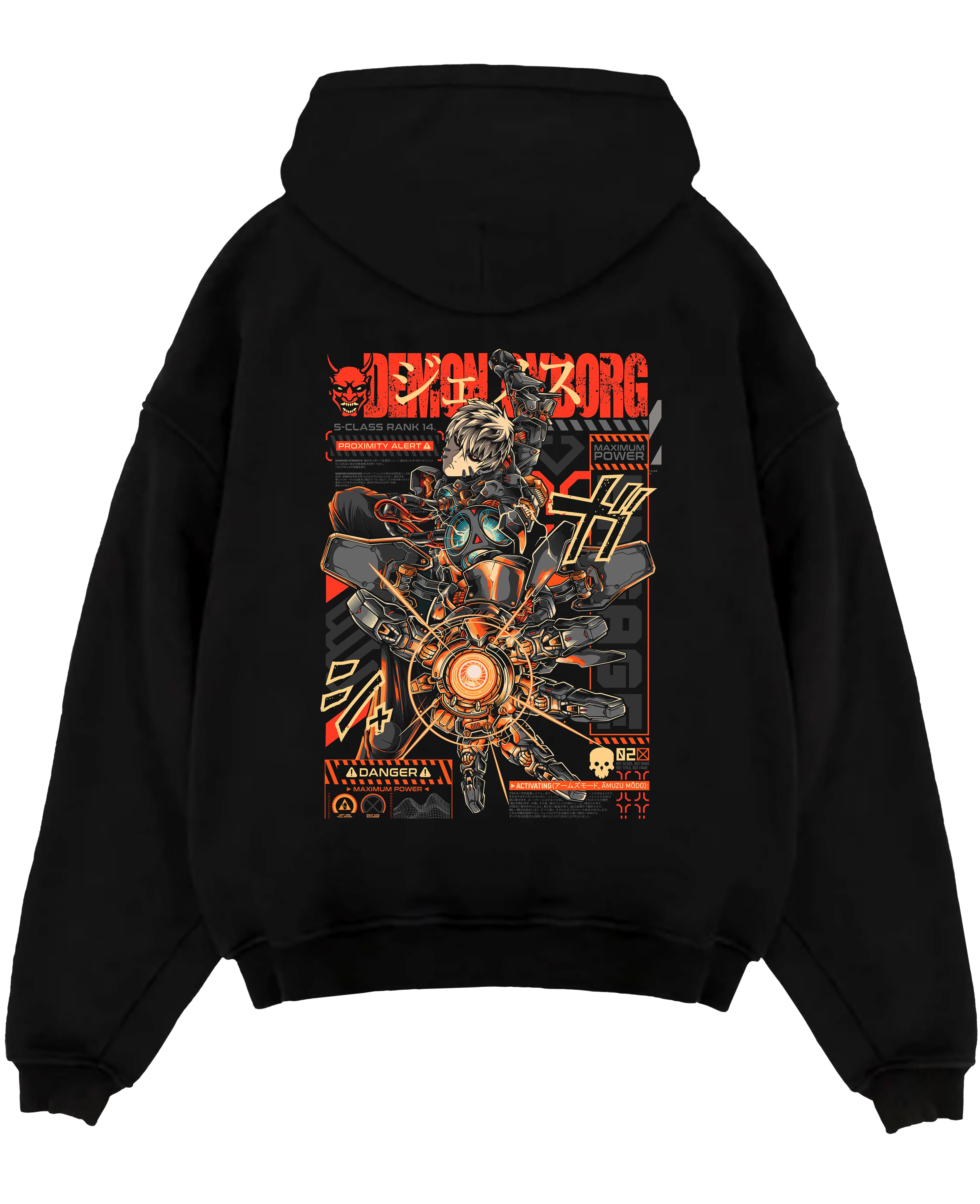 Black pullover hoodie laid flat on a white background, featuring One Punch Man Genos cyberpunk anime aesthetic artwork with retro mecha inspired design in bold detail.
