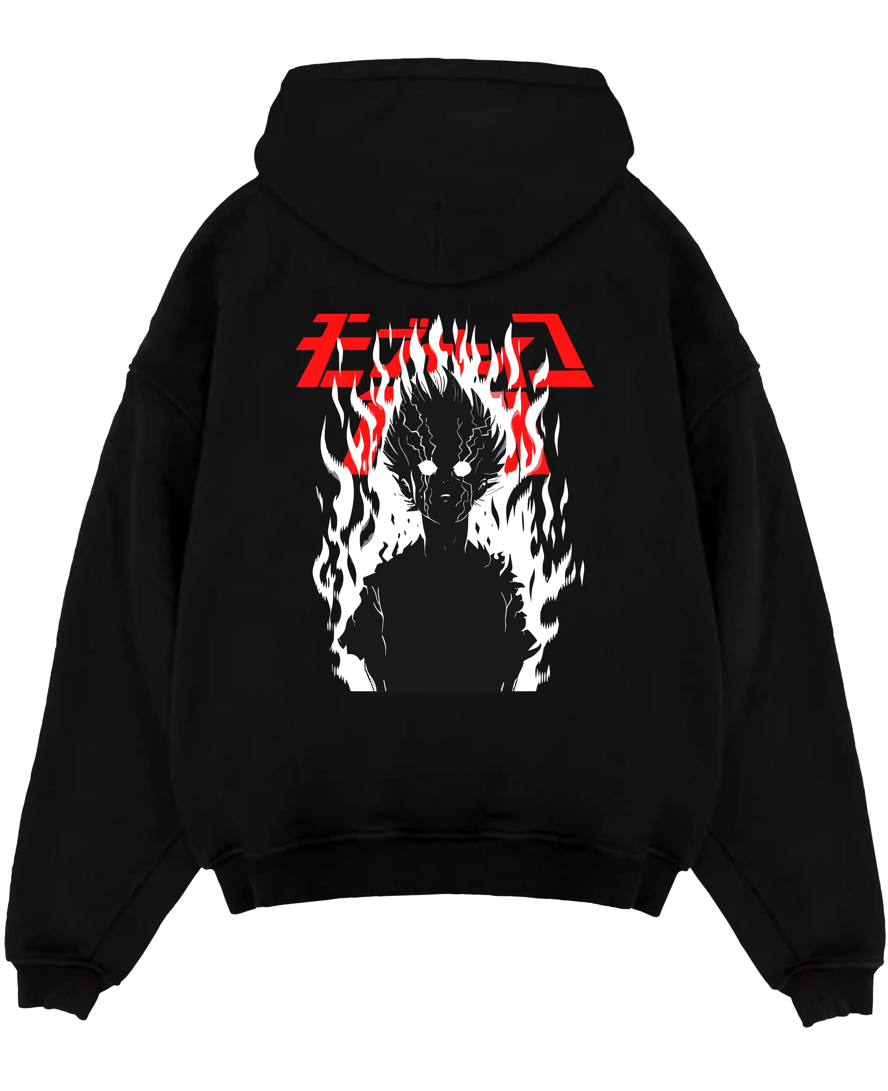 Black pullover hoodie laid flat on a white background, featuring Mob Psycho 100 silhouette retro manga inspired design with bold flames and striking Japanese text.