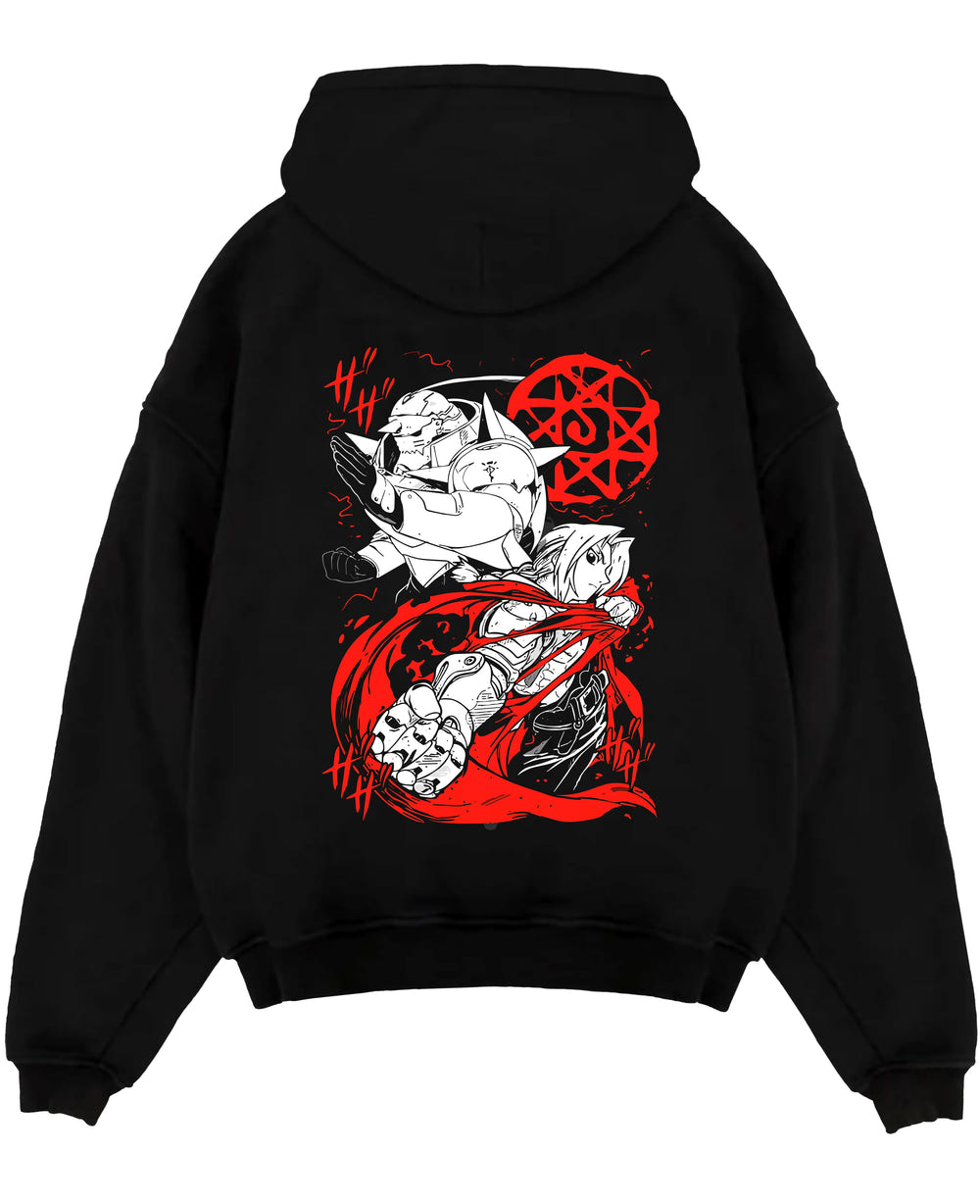 Black pullover hoodie laid flat on a white background, featuring Fullmetal Alchemist anime poster inspired artwork of Edward and Alphonse with bold red alchemy circle design.