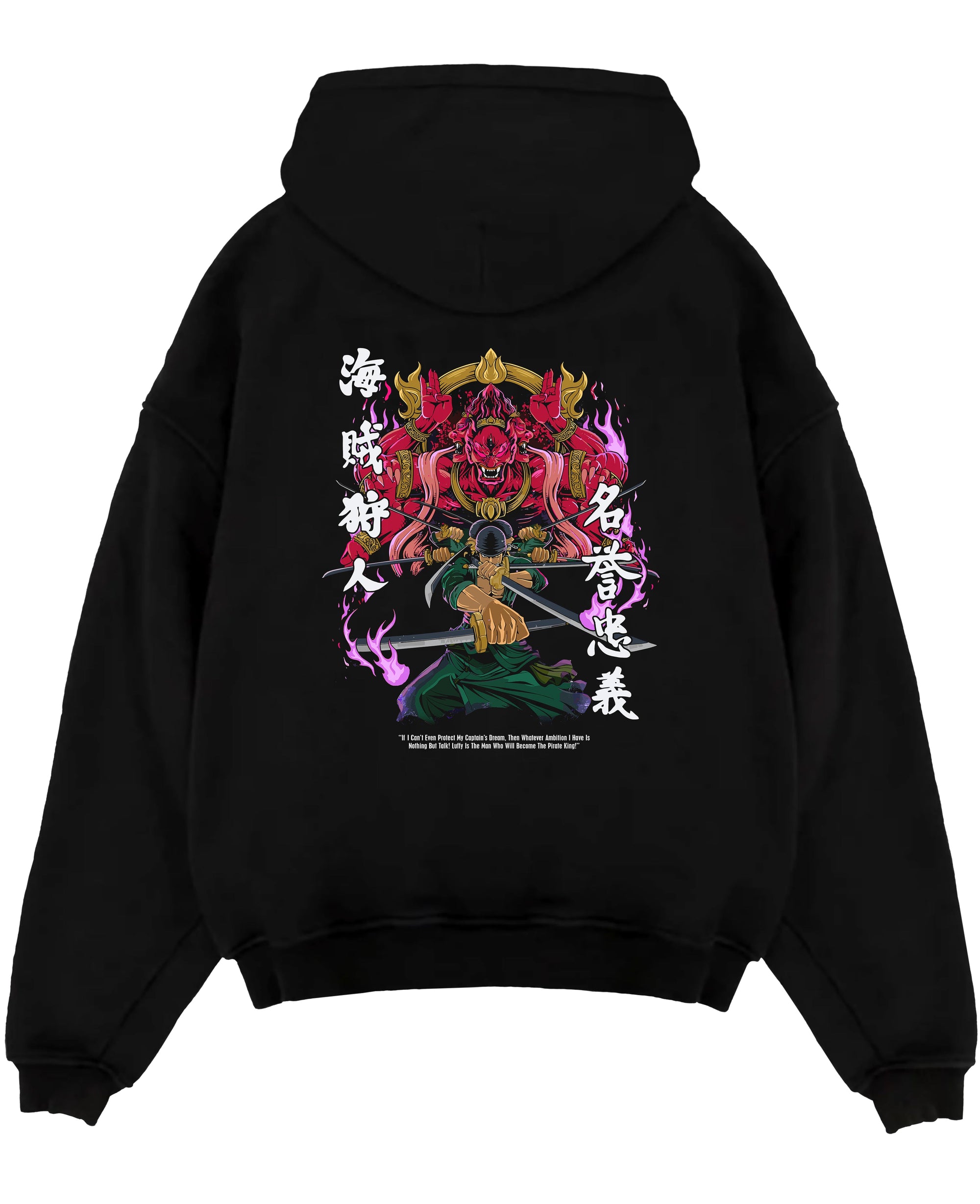 Black pullover hoodie laid flat on a white background, featuring Zoro One Piece shonen battle inspired design with fiery retro manga artwork and Japanese tones.