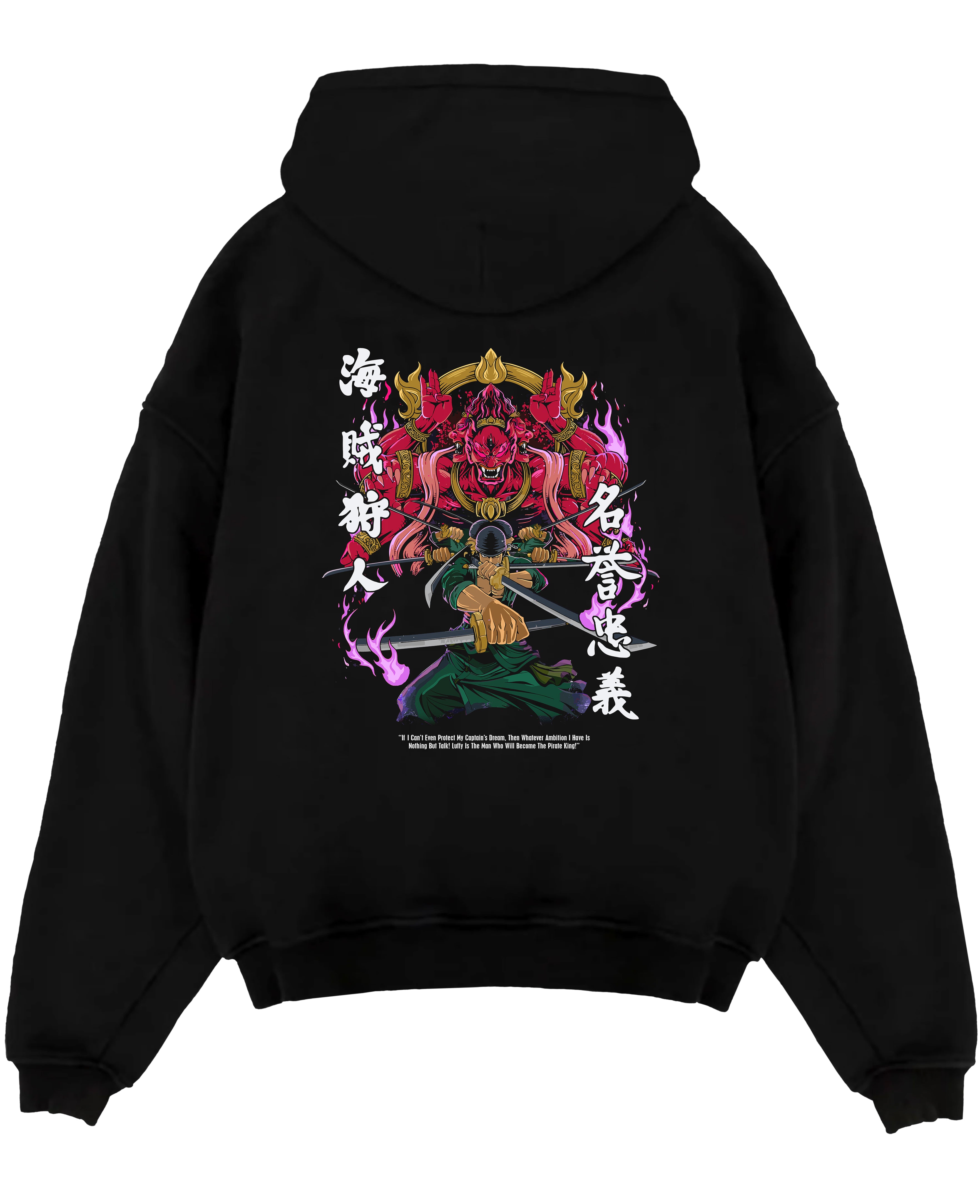 Black pullover hoodie laid flat on a white background, featuring Zoro One Piece shonen battle inspired design with fiery retro manga artwork and Japanese tones.