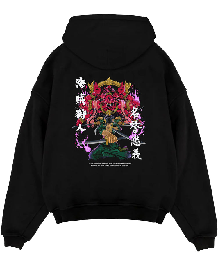 Black pullover hoodie laid flat on a white background, featuring Zoro One Piece shonen battle inspired design with fiery retro manga artwork and Japanese tones.