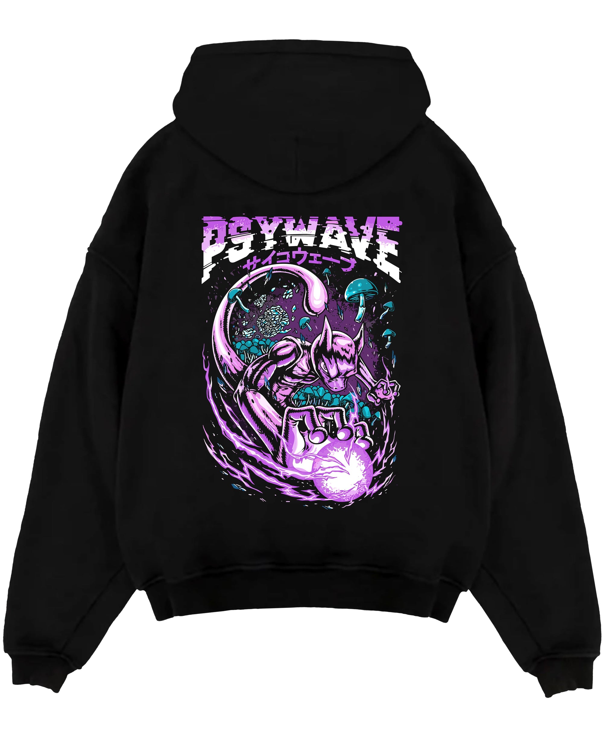 Black pullover hoodie laid flat on a white background, featuring Pokémon Mewtwo anime poster design with purple psywave energy.
