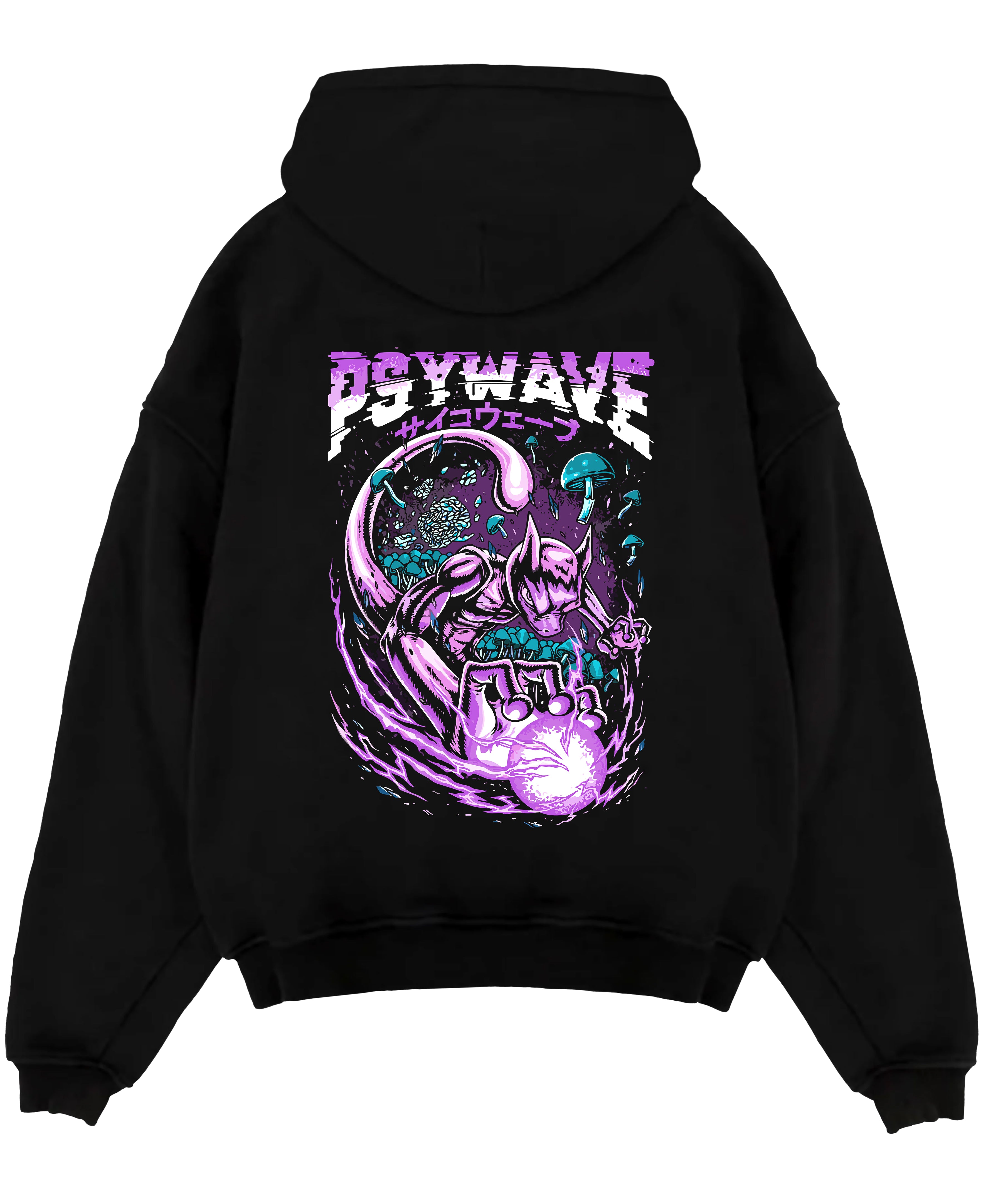 Black pullover hoodie laid flat on a white background, featuring Pokémon Mewtwo anime poster design with purple psywave energy.