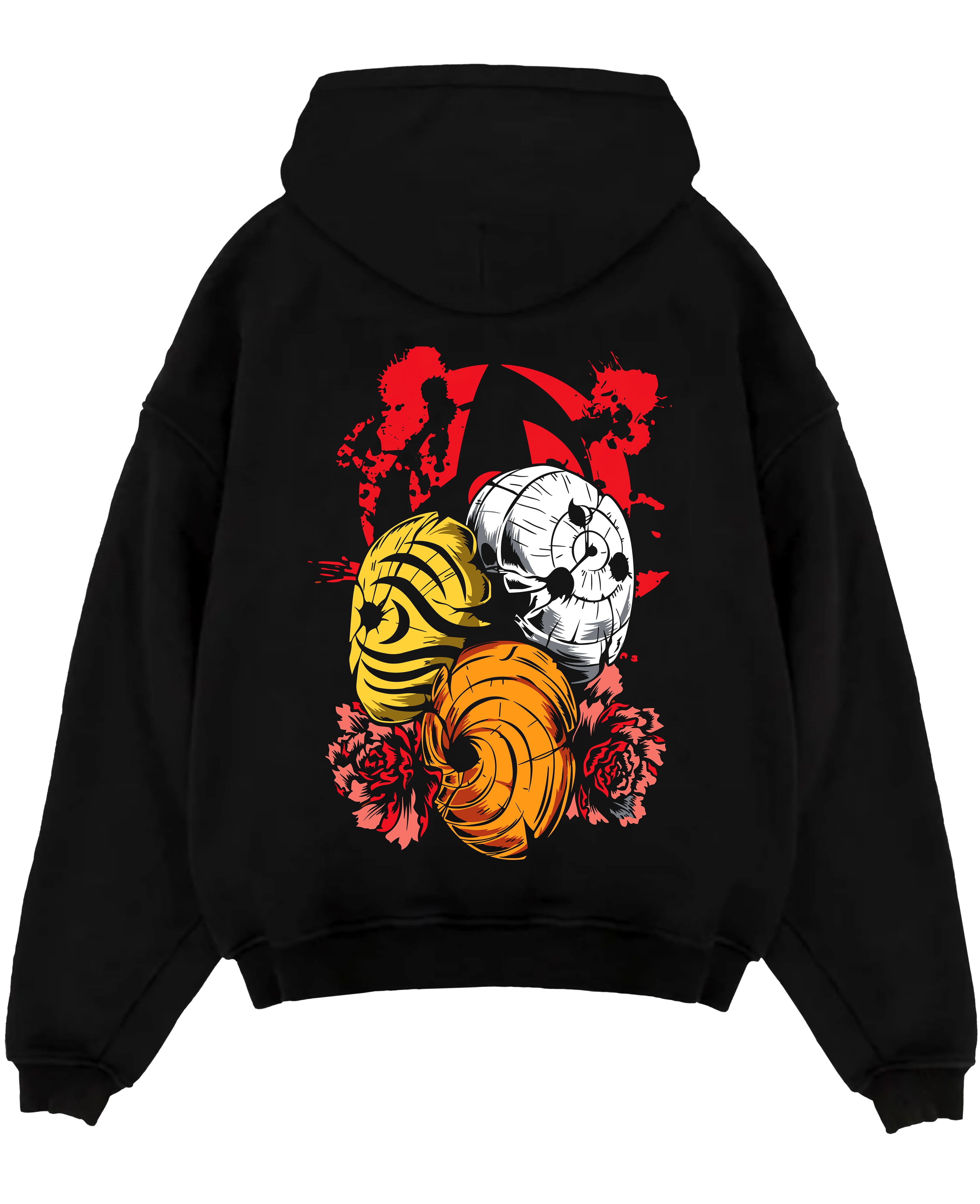 Black pullover hoodie laid flat on a white background, featuring Kakashi Hatake anime poster inspired design with glowing Susanoo and Chidori artwork.