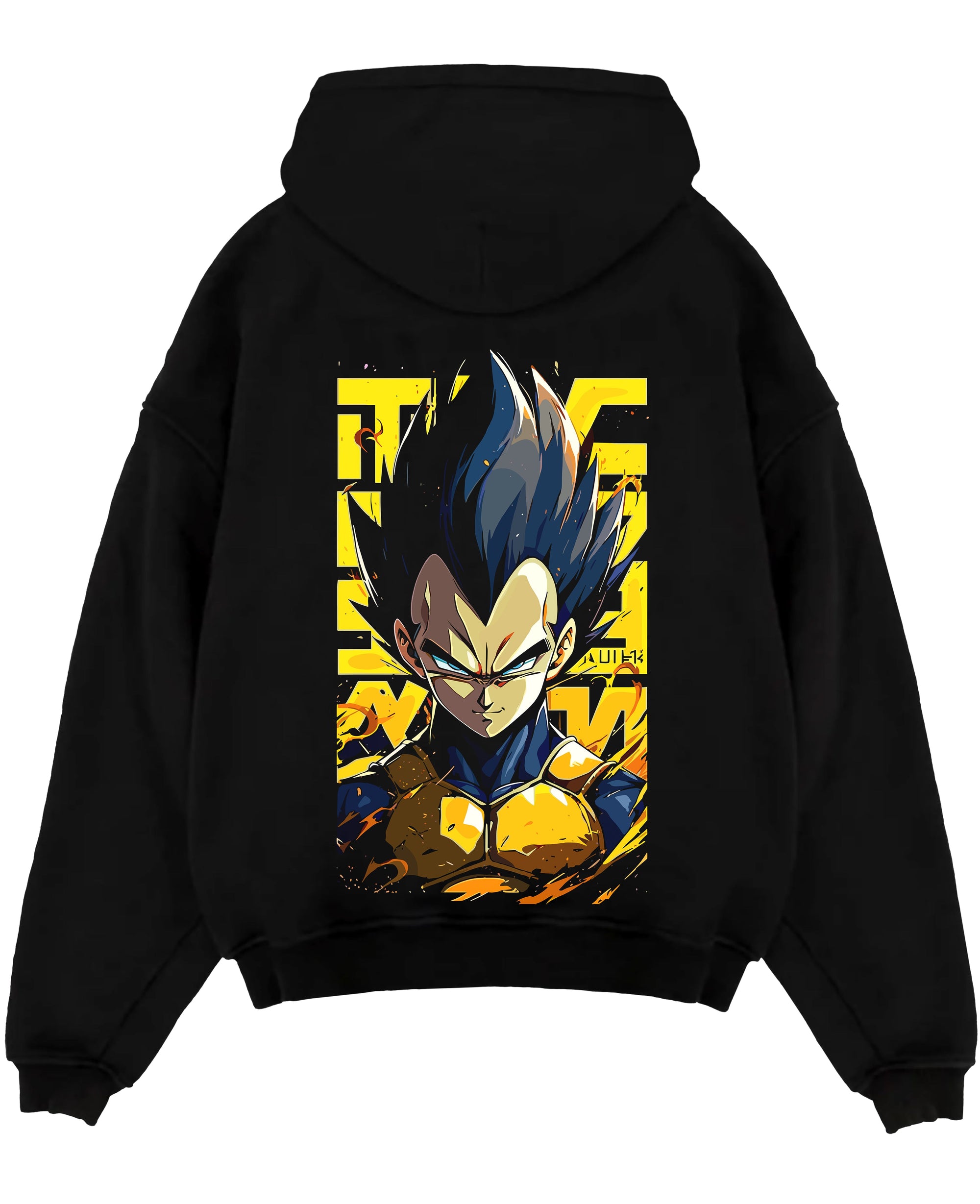 Black pullover hoodie laid flat on a white background, featuring Dragon Ball Vegeta anime poster inspired design with bold yellow background and fiery retro manga style.