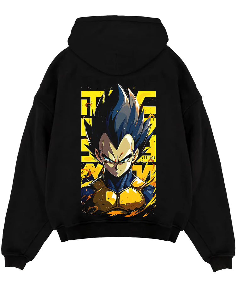 Black pullover hoodie laid flat on a white background, featuring Dragon Ball Vegeta anime poster inspired design with bold yellow background and fiery retro manga style.