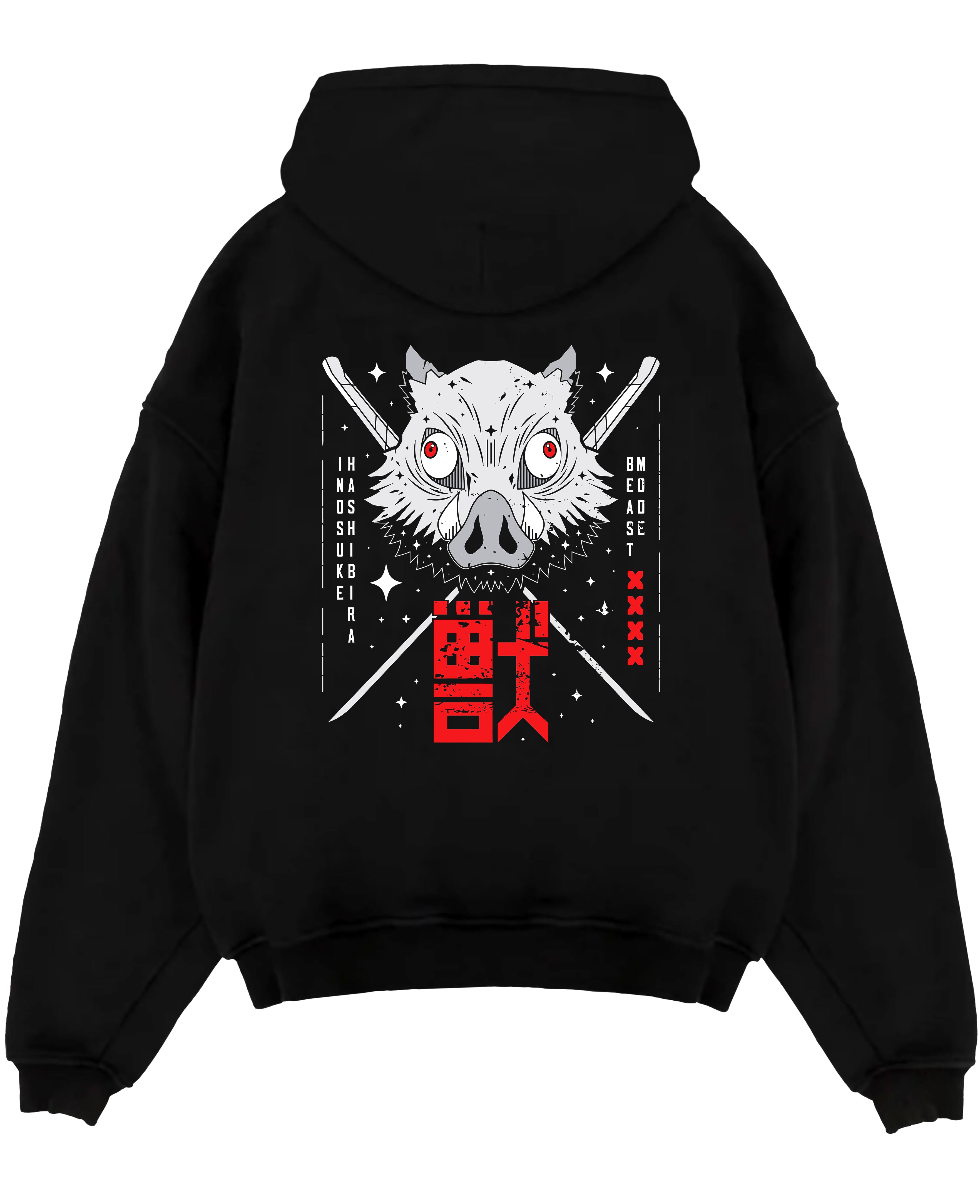 Black pullover hoodie laid flat on a white background, featuring Inosuke Hashibira anime poster inspired boar mask graphic with crossed swords in bold red and grey retro style.