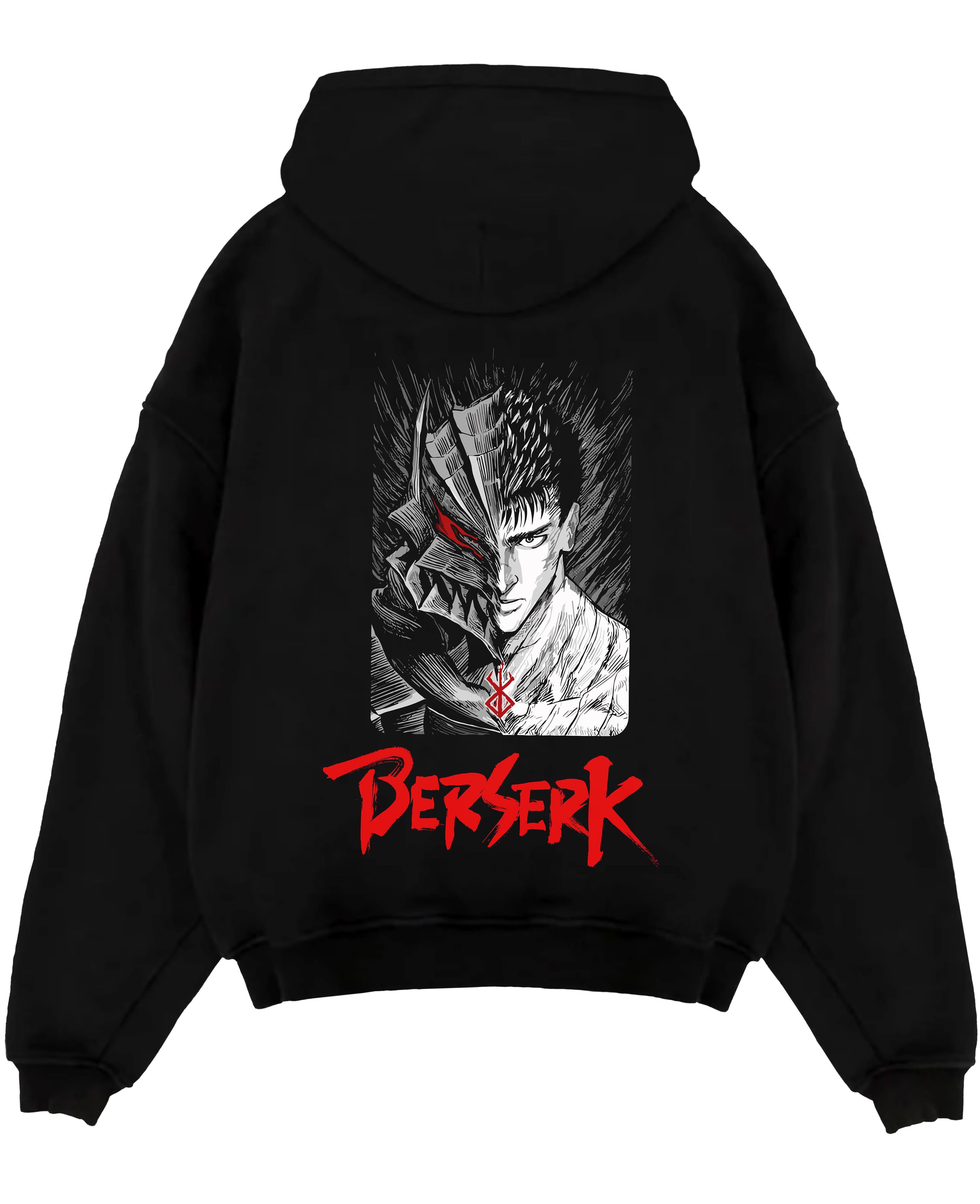 Black pullover hoodie laid flat on a white background, featuring Berserk Guts anime poster inspired design with half armor face in dark manga panel style.