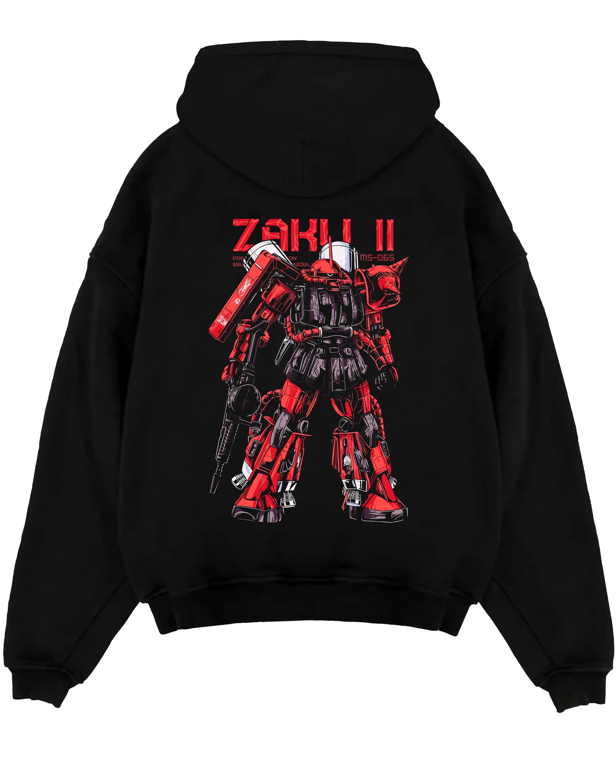 Black pullover hoodie laid flat on a white background, featuring Zaku II retro mecha inspired Gundam design in bold red and black tones.