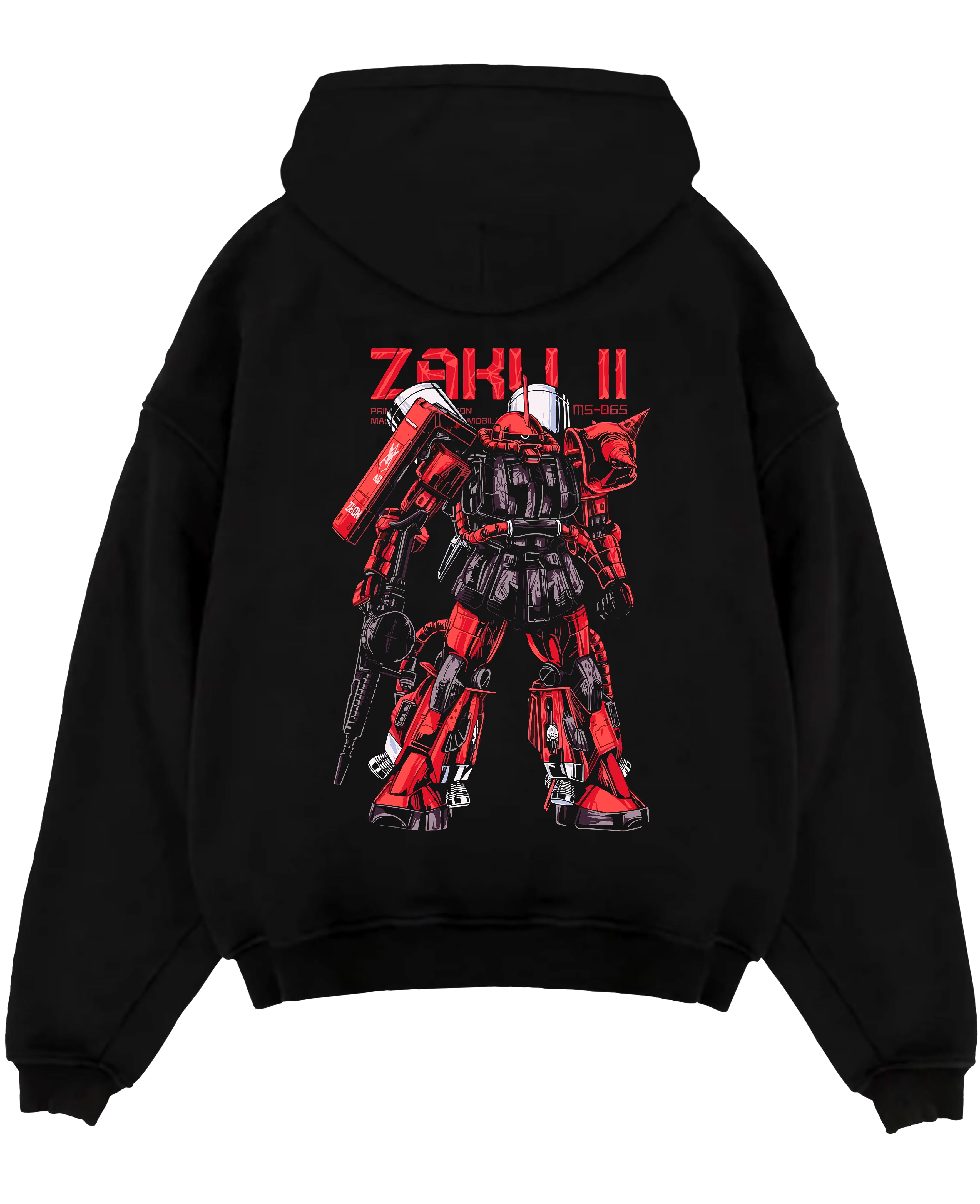 Black pullover hoodie laid flat on a white background, featuring Zaku II retro mecha inspired Gundam design in bold red and black tones.