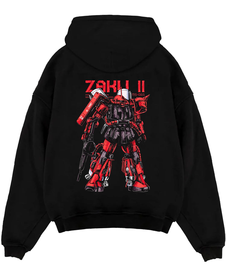 Black pullover hoodie laid flat on a white background, featuring Zaku II retro mecha inspired Gundam design in bold red and black tones.