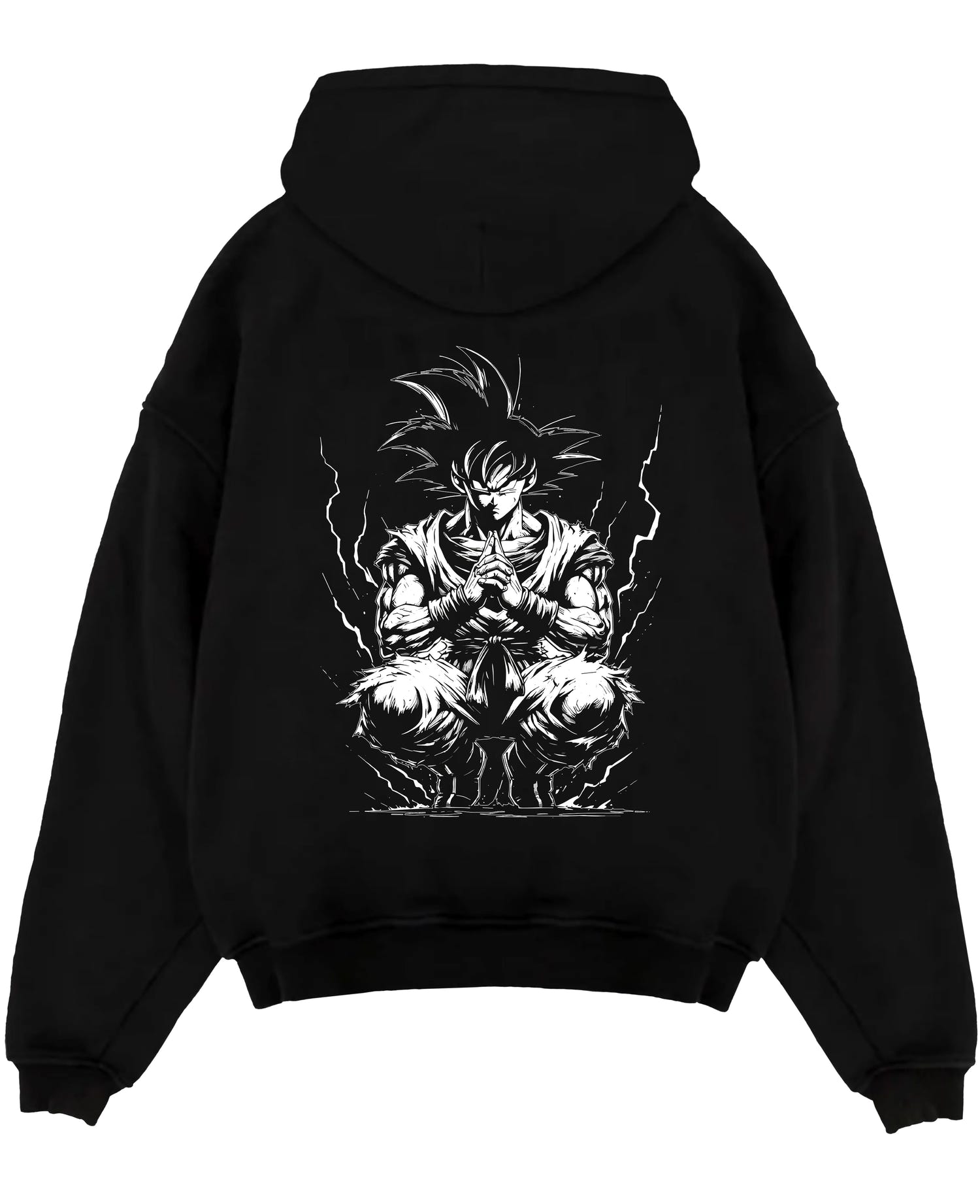 Black pullover hoodie laid flat on a white background, featuring Dragon Ball Goku anime poster inspired design with dark manga panel meditation pose and energy aura.
