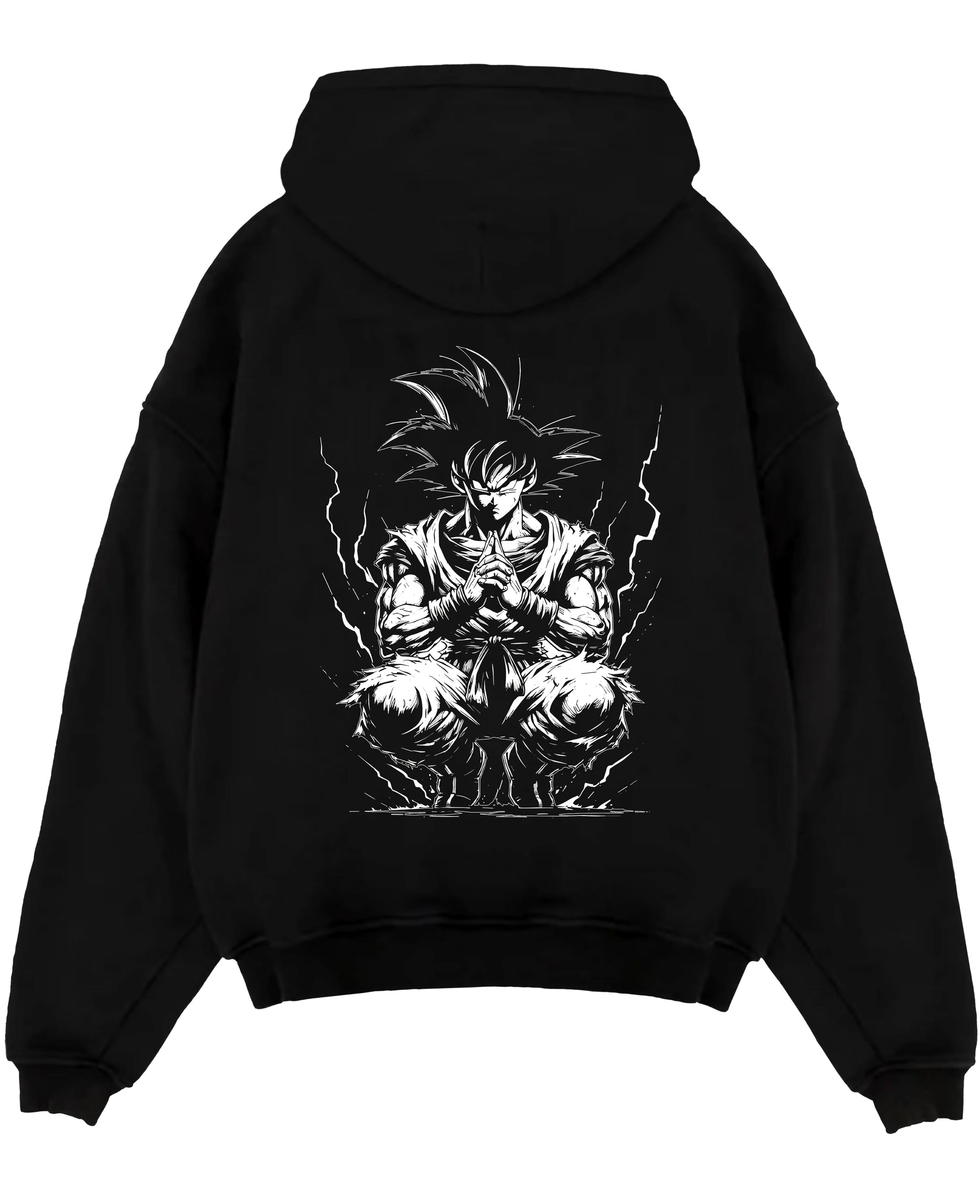 Black pullover hoodie laid flat on a white background, featuring Dragon Ball Goku anime poster inspired design with dark manga panel meditation pose and energy aura.