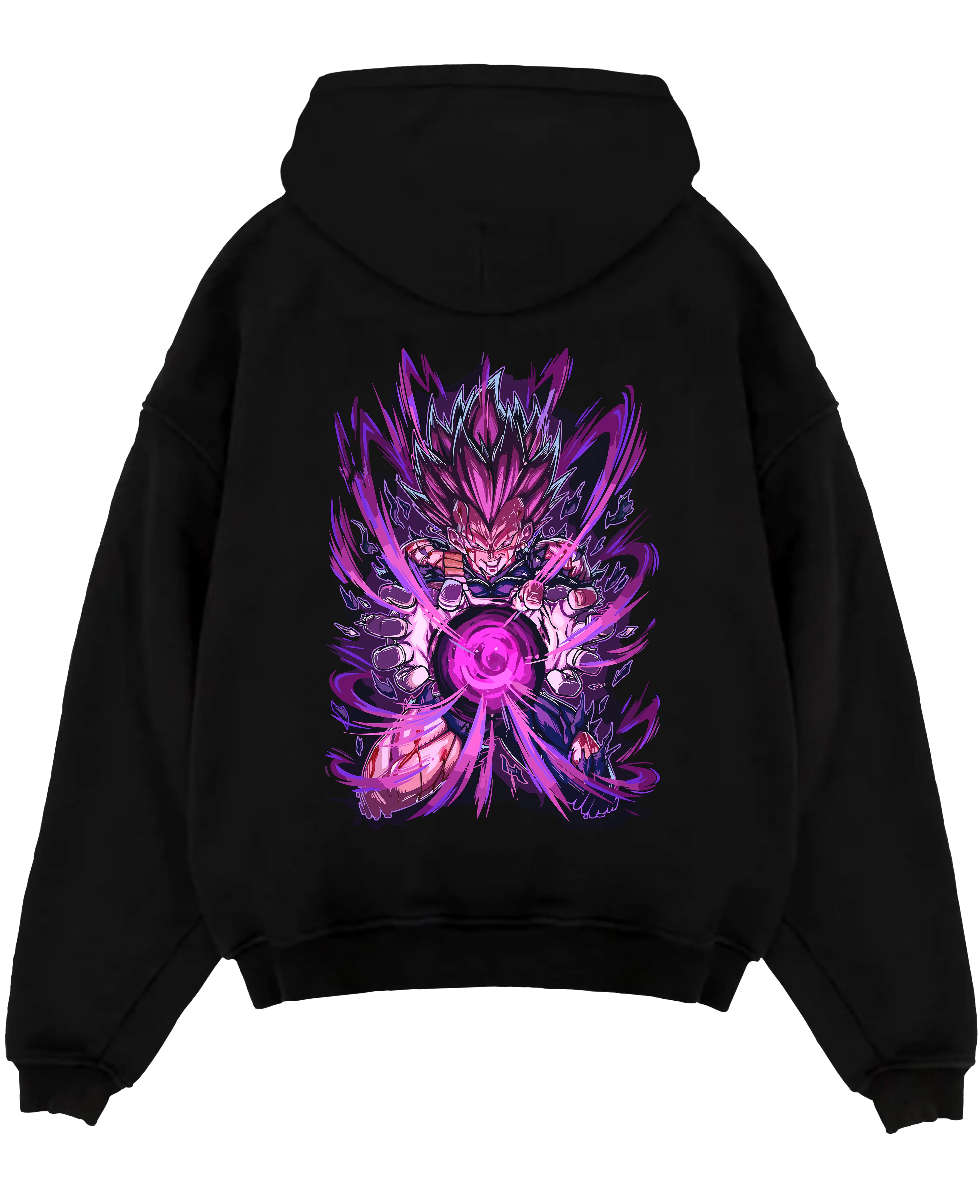 Black pullover hoodie laid flat on a white background, featuring Dragon Ball Vegeta shonen battle character in anime poster inspired design with glowing purple aura.