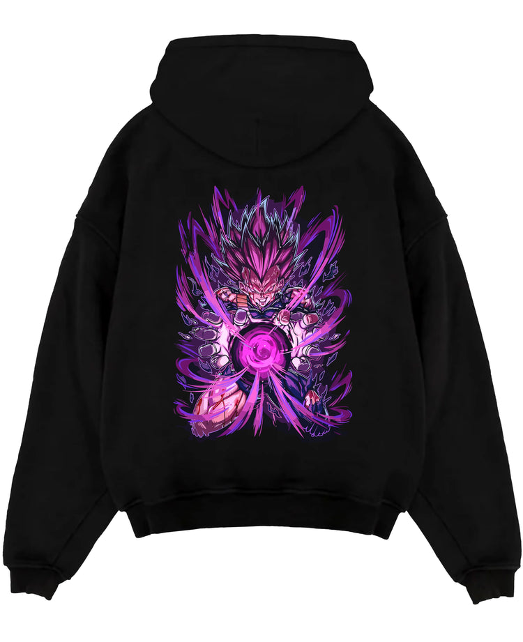 Black pullover hoodie laid flat on a white background, featuring Dragon Ball Vegeta shonen battle character in anime poster inspired design with glowing purple aura.