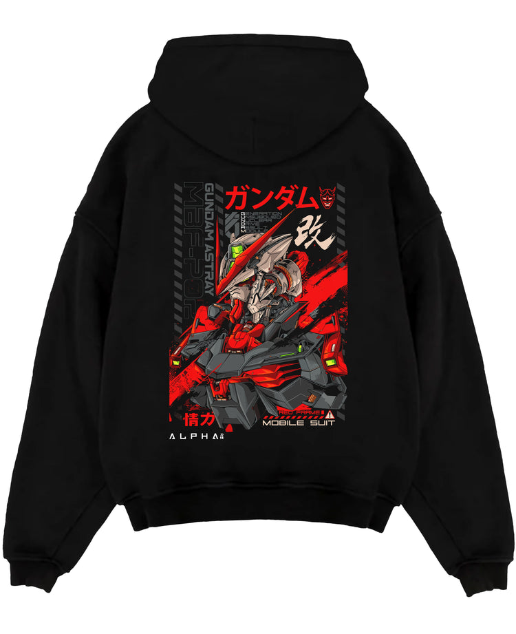 Black pullover hoodie laid flat on a white background, featuring Gundam Red Frame retro mecha anime poster inspired artwork with bold mechanical detail.