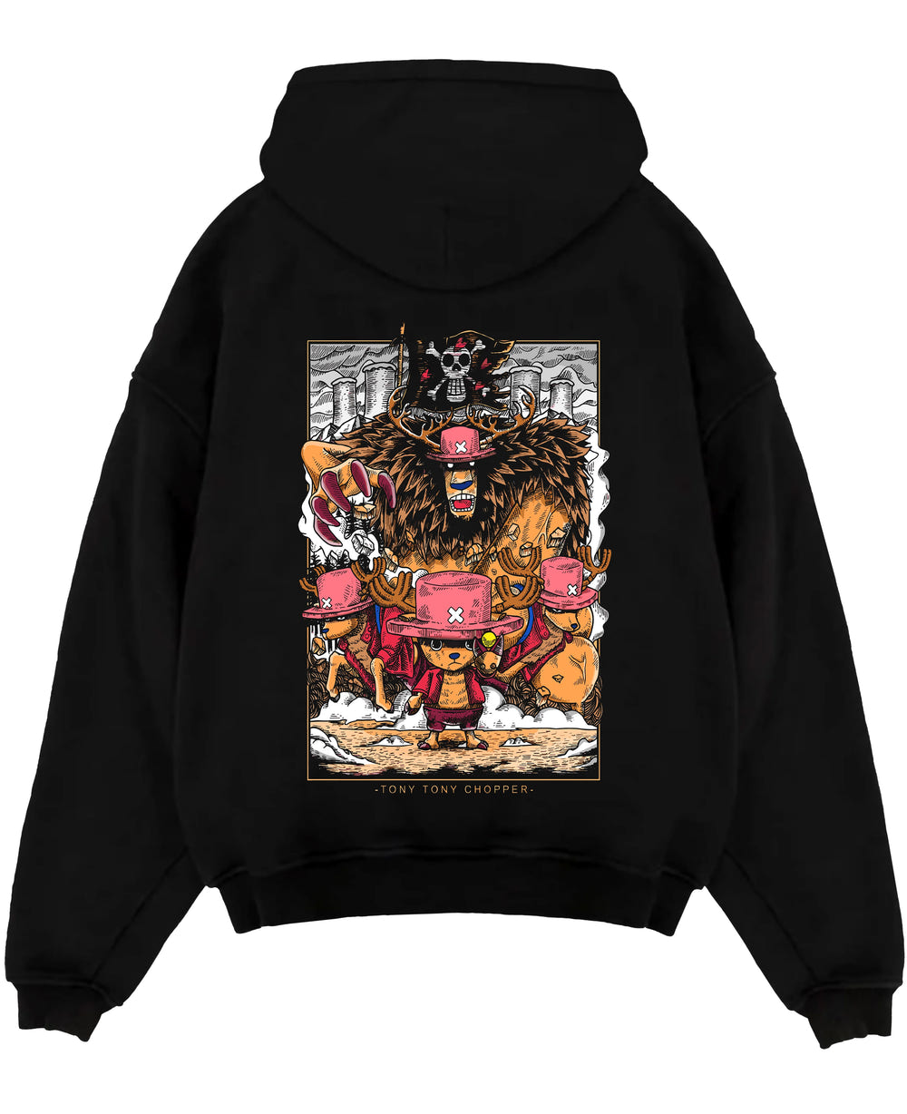Black pullover hoodie laid flat on a white background, featuring One Piece Tony Tony Chopper anime poster inspired design with monster point form in retro manga style.